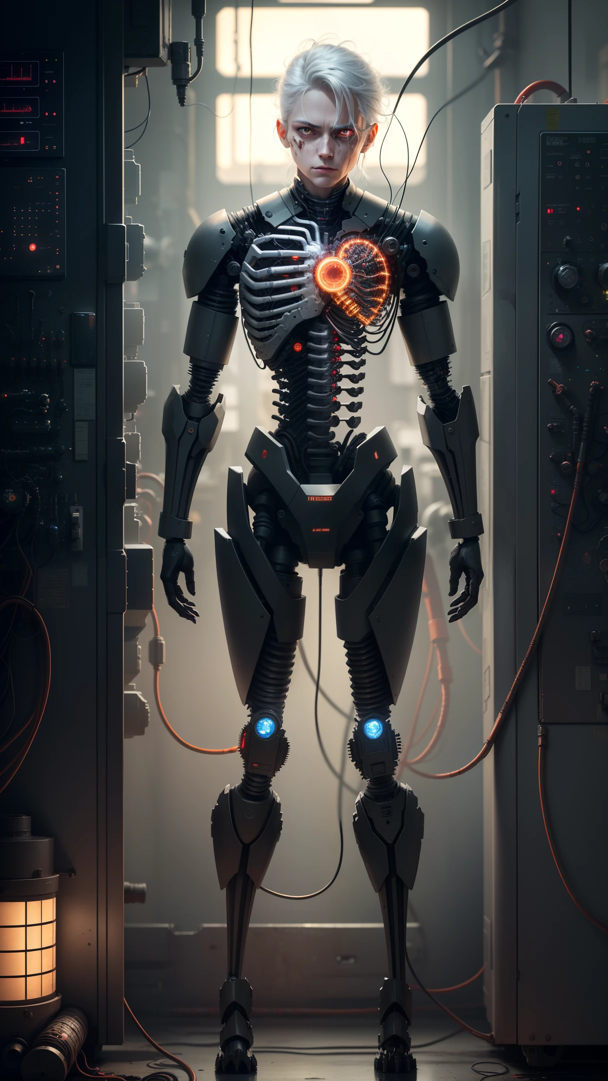 Darkness, horror, experiments, factories, sparks, (anatomy: 1.3) one (damage: 1.2) (machine: 1.1) has gray hair and beautiful, detailed red eyes. He has one (machine (heart: 1.1) and one (dirty face: 1.2), exposed wires and pipes, internal mechanical components exposed to injuries and short circuits, serious damage, being dismantled, natural light, light tracking, complex circuits, illustrations, 8 wallpapers, ultra-detailed, full-body portraits, best image, wrong quality, Wrong way, intricate details of the highest quality, ridiculous