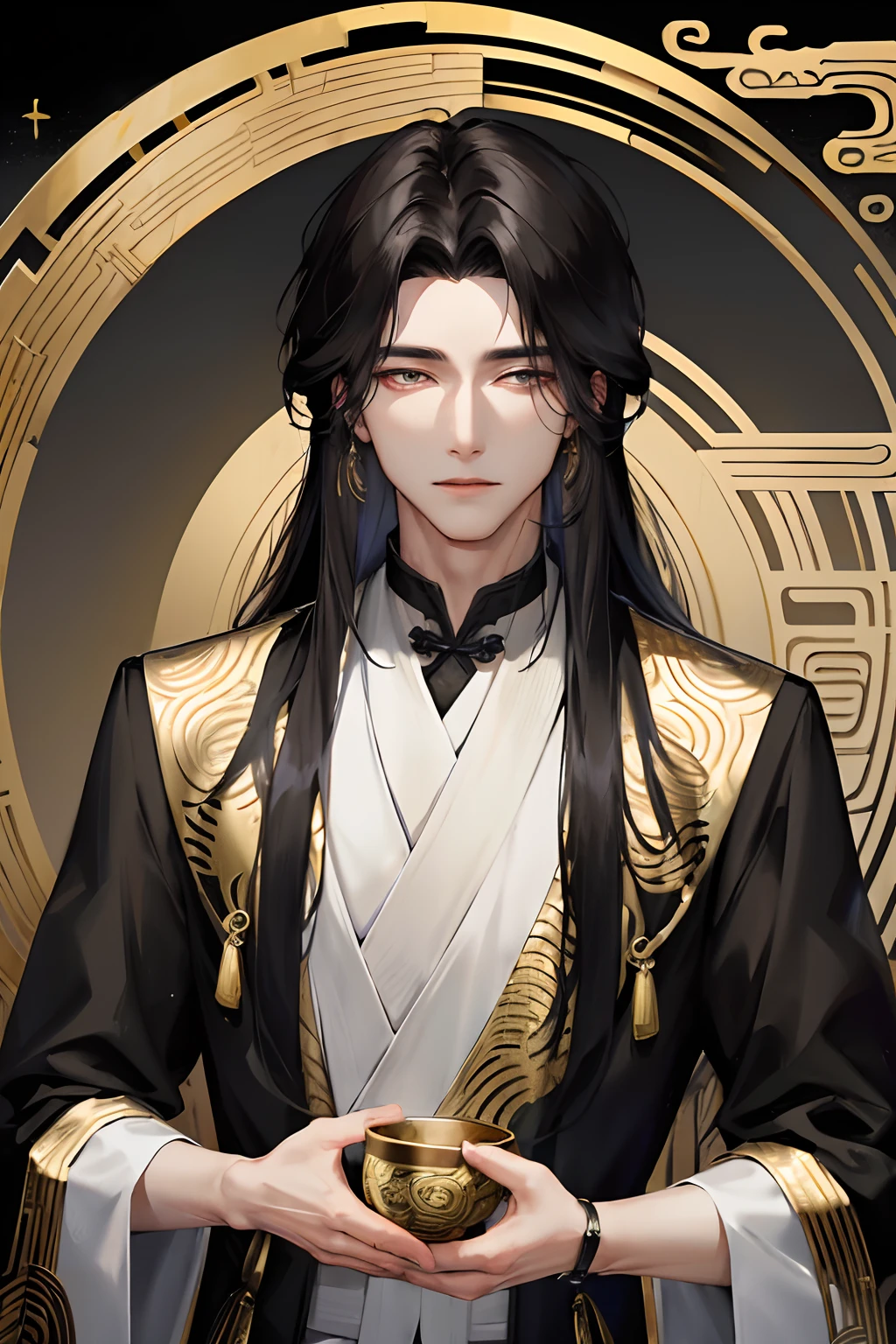 Masterpiece Exquisite Outdoor Night Full Moon Lakeside Branch 1 Male Mature Male Chinese Style Ancient Chinese Black Hair Dark Eyes Long Hair Long Bangs Handsome Handsome Masculine Gentle Black Gold Blend, Gold Pattern, Dragon Pattern, Prince,