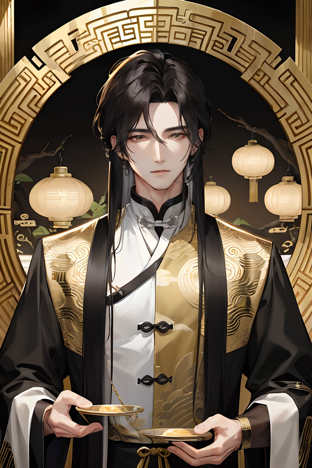 Masterpiece Exquisite Outdoor Night Full Moon Lakeside Branch 1 Male Mature Male Chinese Style Ancient Chinese Black Hair Dark Eyes Long Hair Long Bangs Handsome Handsome Masculine Gentle Black Gold Blend, Gold Pattern, Dragon Pattern, Prince,