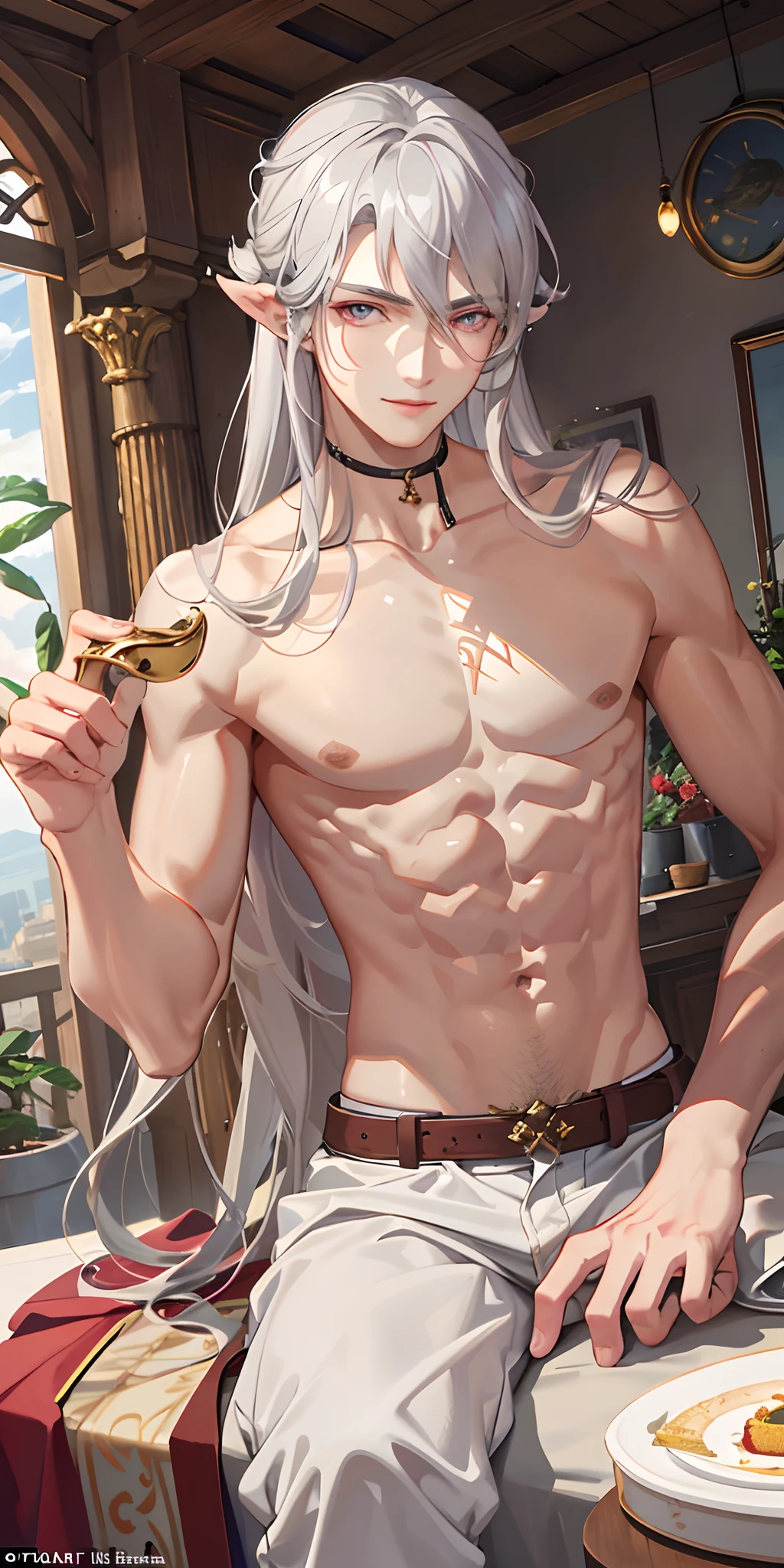 (Realism: 1.4), Best Quality, Masterpiece, Male, Thin, Muscular, Pointed Ears, Light Grey Skin, Long Curly Gray Hair, Red Eyes, Smile, Bard, Do Not Disturb, Lute on Your Back