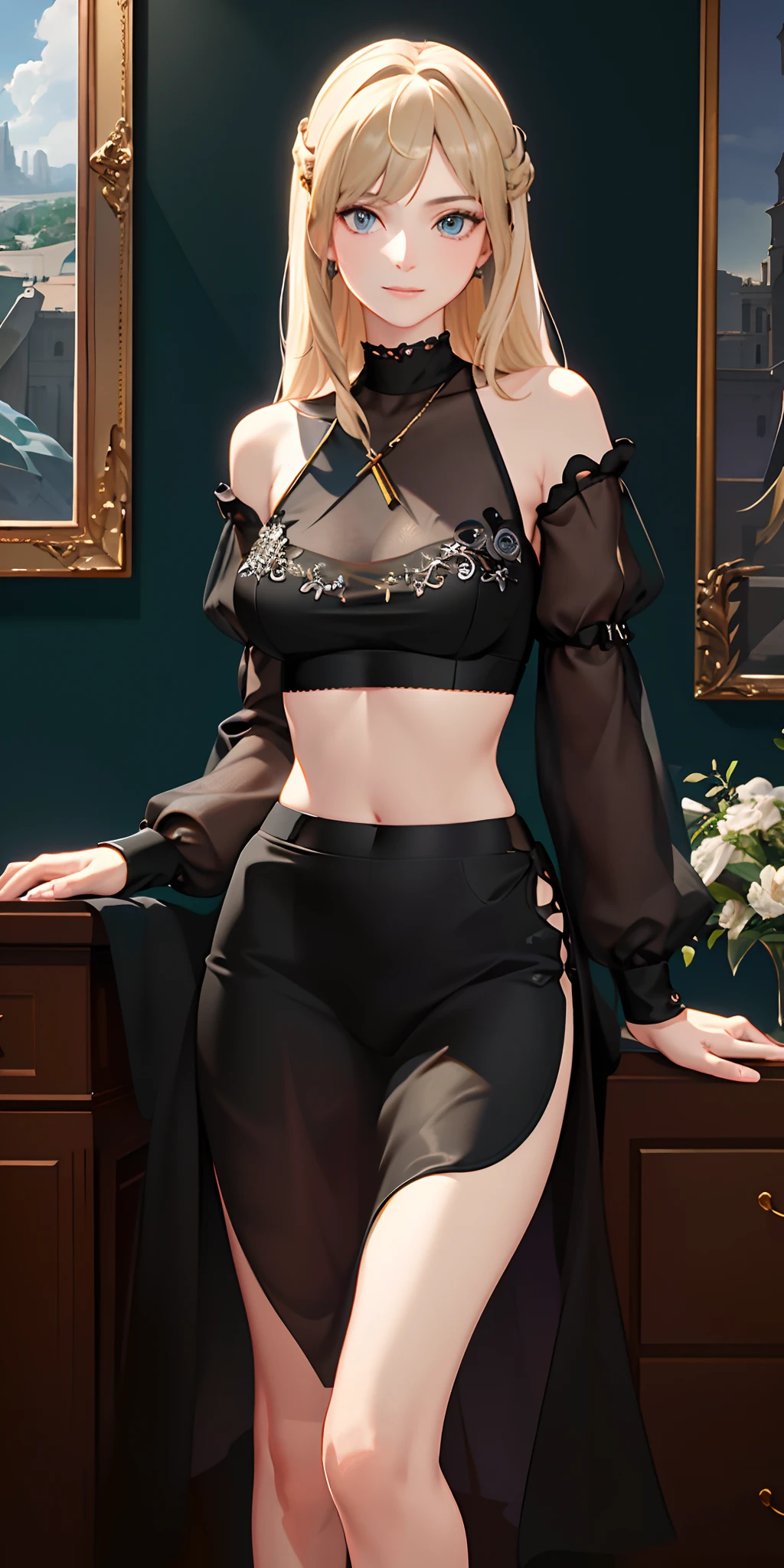 (fidelity: 1.4), (masterpiece, sidelighting, finely detailed beautiful eye: 1.2), masterpiece*portrait, realistic, 3d face, glowing eyes, shiny hair, loss skin, solo, embarrassed, (midriff), black underwear, blonde hair ,