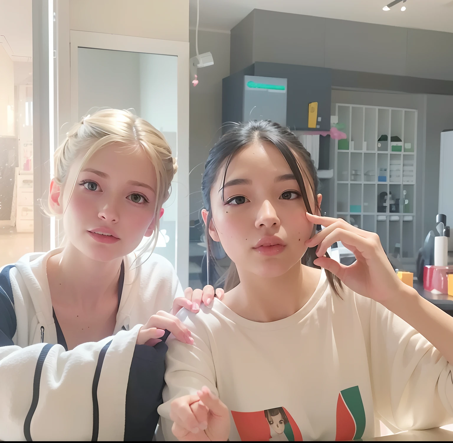 Create a spectacular masterpiece with breathtaking ray tracing effects featuring the best quality, two captivating girls with delicate slim figures, beautiful curves, correctly proportioned limbs, and enhanced by the best shadows and realistic lighting.