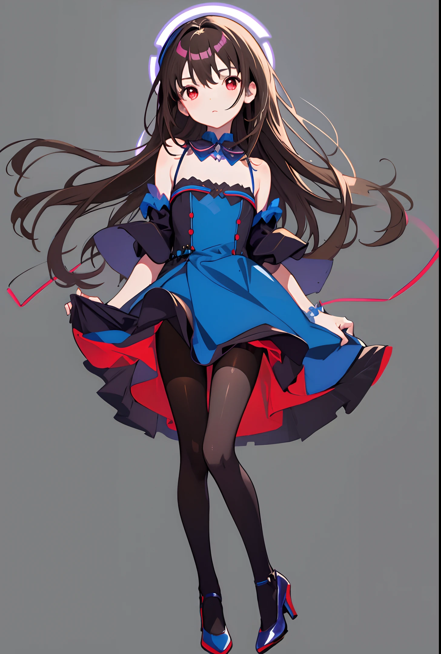 masterpiece, flat background, no background, full body, standing, 1 girl, solo, cute, blue microdress, straight brown hair, black tights, high heels, 50mm portrait, delicate face, semi-realistic, sharp focus, super detail, absurdity, depth of field, red eyes, neon