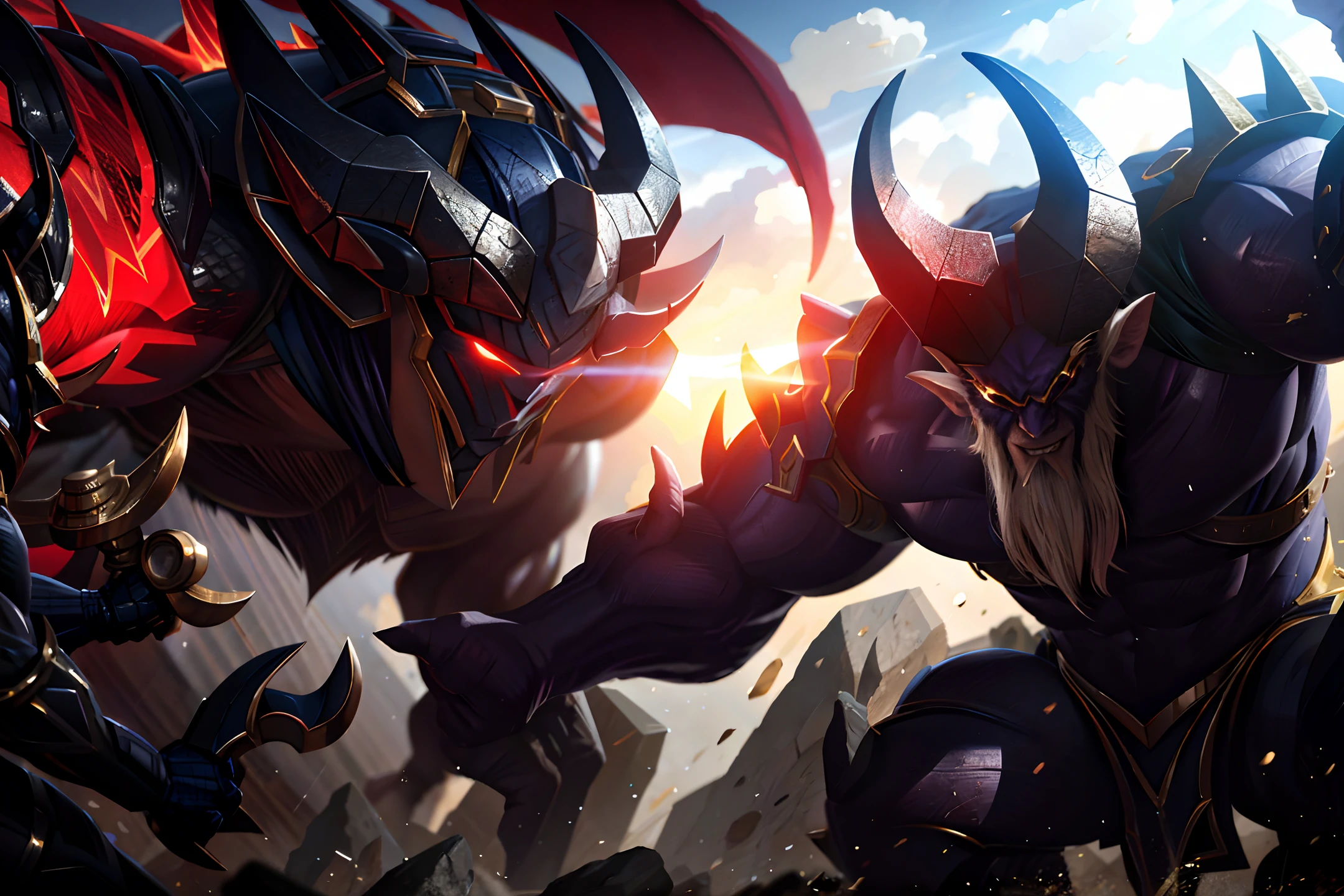 Masterpiece, best quality, ((two men)), monsters, gods, demon horns, motion interaction, glare effects