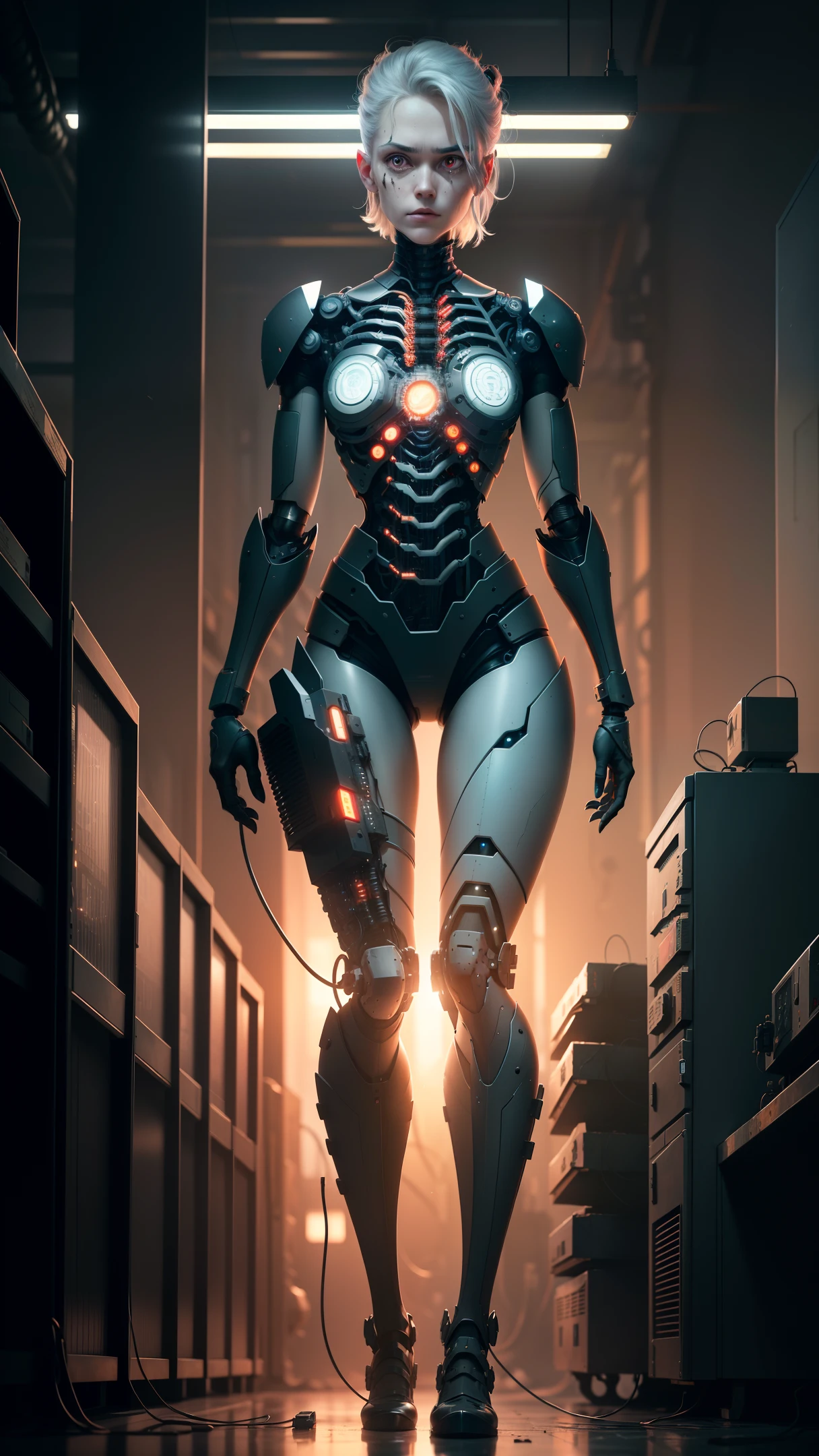Darkness, horror, experiments, factories, sparks, (anatomy: 1.3) one (damage: 1.2) (machine: 1.1) has gray hair and beautiful, detailed red eyes. He has a (machine (heart: 1.1) and a (dirty face: 1.2), exposed wires and pipes, internal mechanical parts damaged and short-circuited, severely damaged, removed, natural light, light tracking, complex circuitry, illustrations, 8 wallpapers, ultra-detailed, full-body portraits, best images, wrong images, wrong images, the wrong way, intricate details of the highest quality, ridiculous
