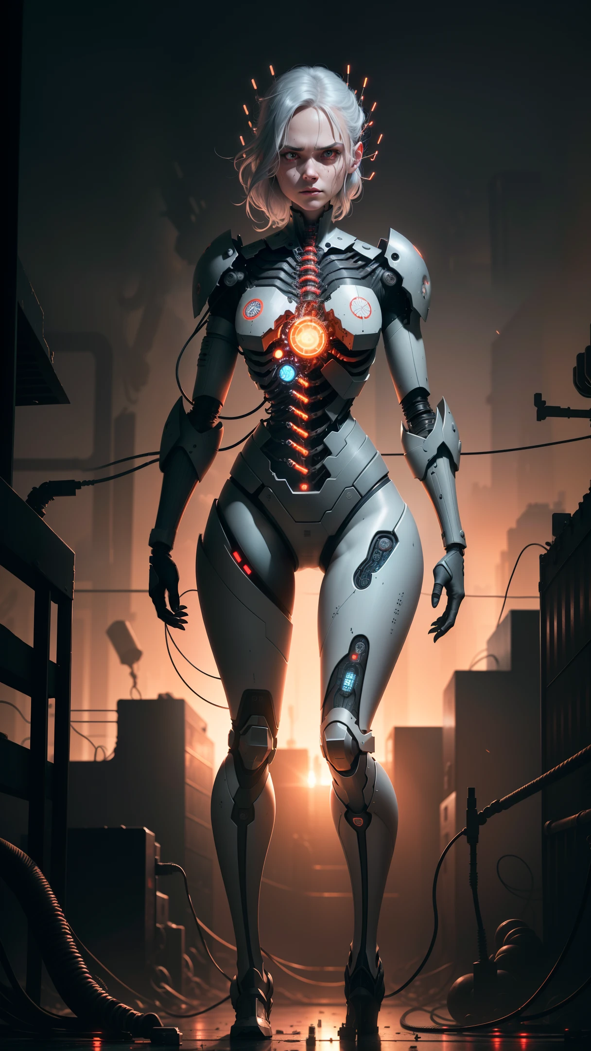 Darkness, horror, experiments, factories, sparks, (anatomy: 1.3) one (damage: 1.2) (machine: 1.1) has gray hair and beautiful, detailed red eyes. He has a (machine (heart: 1.1) and a (dirty face: 1.2), exposed wires and pipes, internal mechanical parts damaged and short-circuited, severely damaged, removed, natural light, light tracking, complex circuitry, illustrations, 8 wallpapers, ultra-detailed, full-body portraits, best images, wrong images, wrong images, the wrong way, intricate details of the highest quality, ridiculous