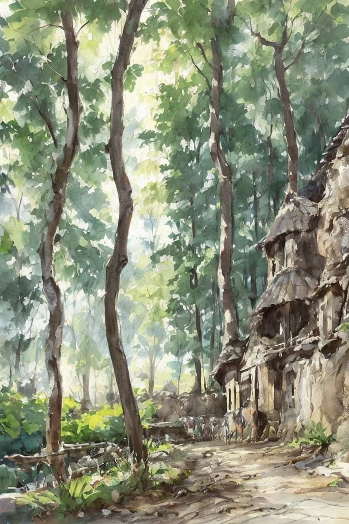 near the hut there is an old witch, all in strange clothes, skirts, bast shoes, shaggy hair, a hut on chicken legs in the depths of a dense forest, next to a mortar, and a broom