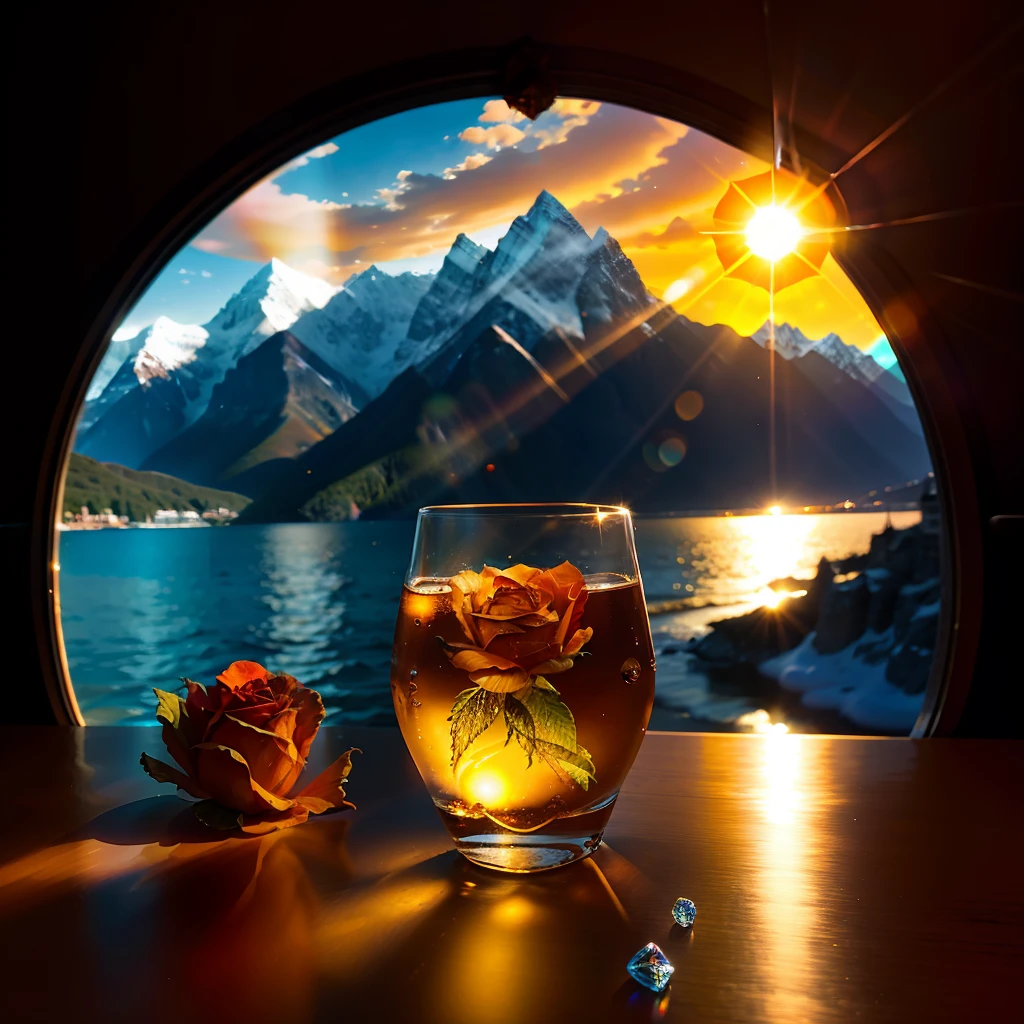 the sun in a crystal glass by the sea, against the background of the mountains, a glass of regular classical shape, open from above, below, next to the glass, lies a red rose, high-quality realistic photography