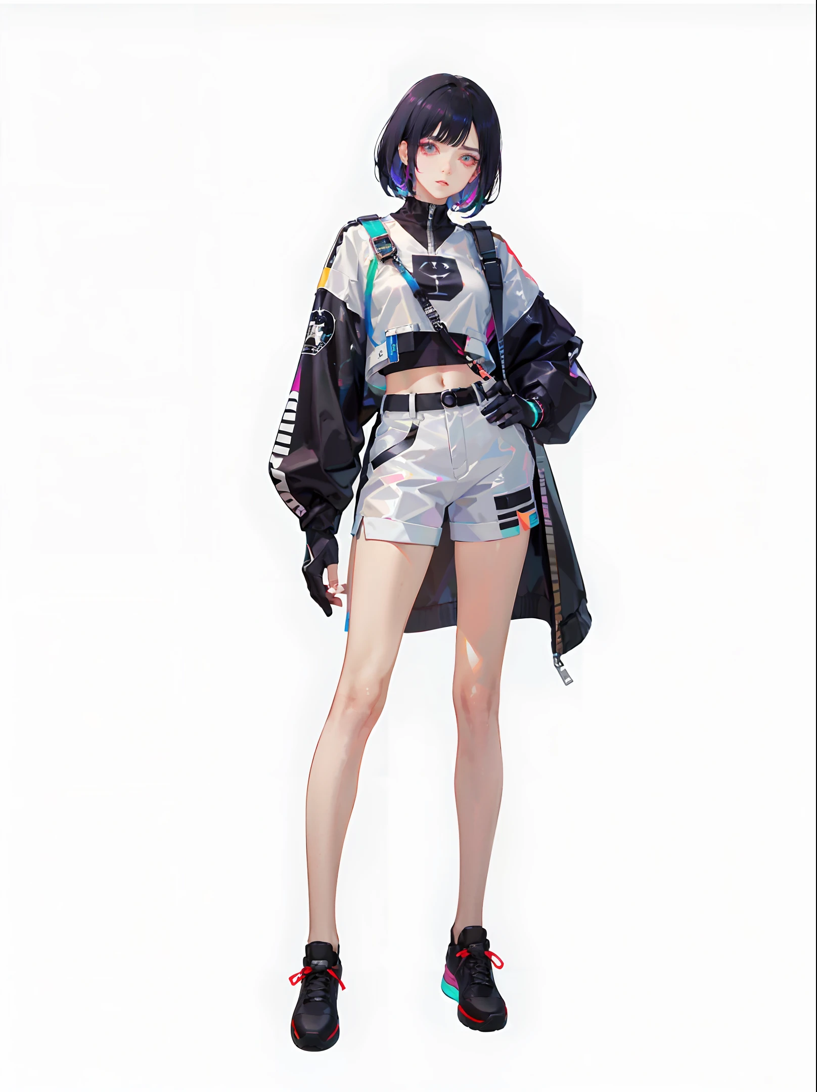 short black hair, pure white background, croptop, Kpop idol, short sleeve t-shirt, sweatpants, colorful, 1 woman wearing a colored PVC texture jacket (movie interference)), full body, sneakers, beautiful eyes, shiny, jewelry, portrait, original game painting, c4d, blender, face pretty, black background, 1 woman Underwear (colorful laser transparent PVC texture) coat and shoe, thin film makeup, whole body, beautiful eye, luse, jewelry, portrait, game original picture, anime character concept design, beauty, white background, masterpiece, superb, high quality, high resolution