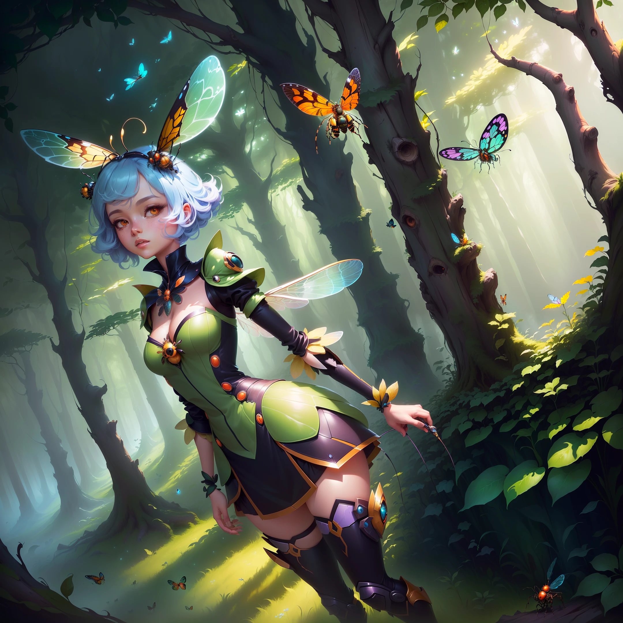 (Very detailed CG illustration, Artstation contest winner, masterpiece, best quality, extremely imaginative, forest environment, bugs and insects, cartoon style, beautiful color palette, insect trainer girl, fantasy game art style, whimsical and surrealism, League of Legends inspired art, official art, official art, high res)