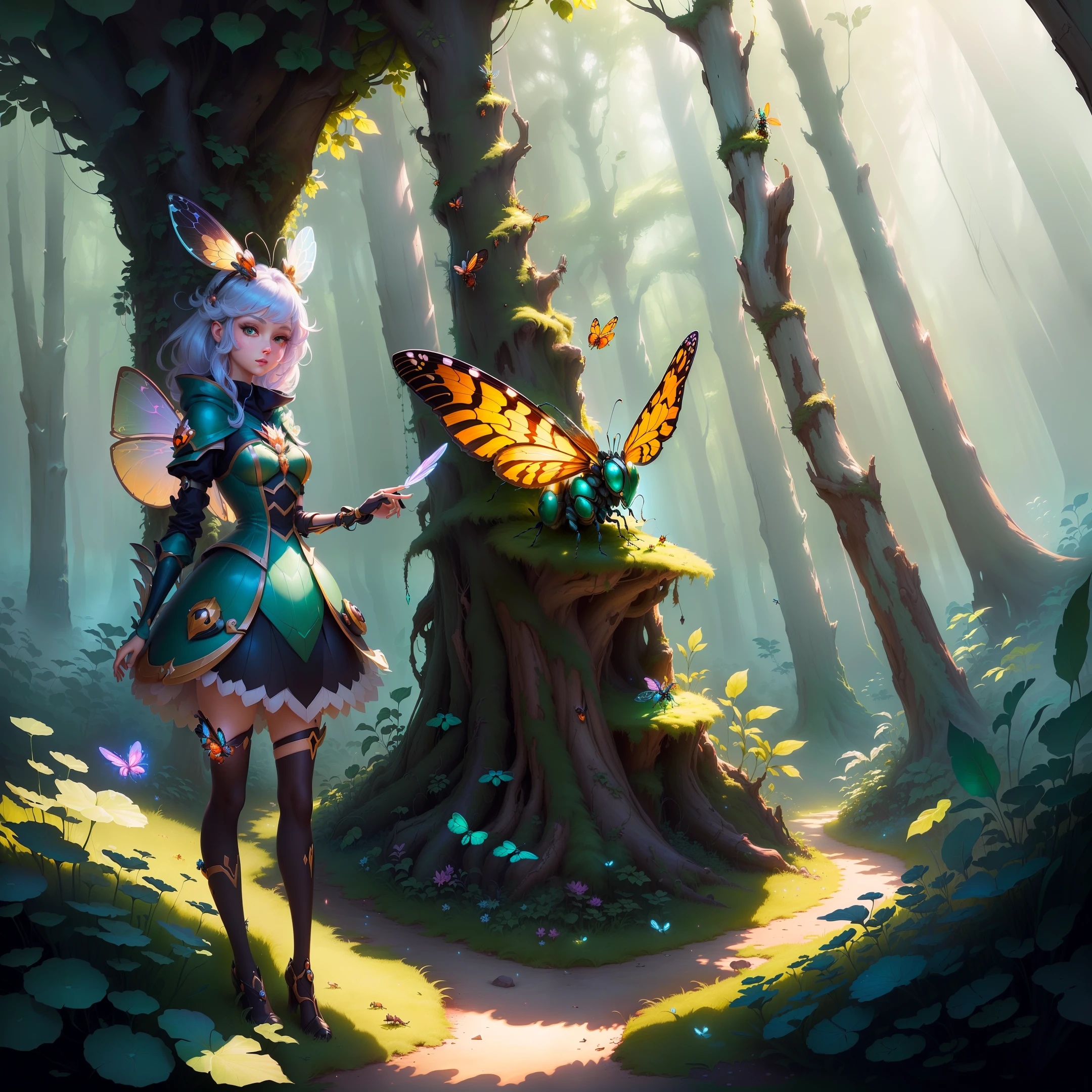 (Very detailed CG illustration, Artstation contest winner, masterpiece, best quality, extremely imaginative, forest environment, bugs and insects, cartoon style, beautiful color palette, insect trainer girl, fantasy game art style, whimsical and surrealism, League of Legends inspired art, official art, official art, high res)