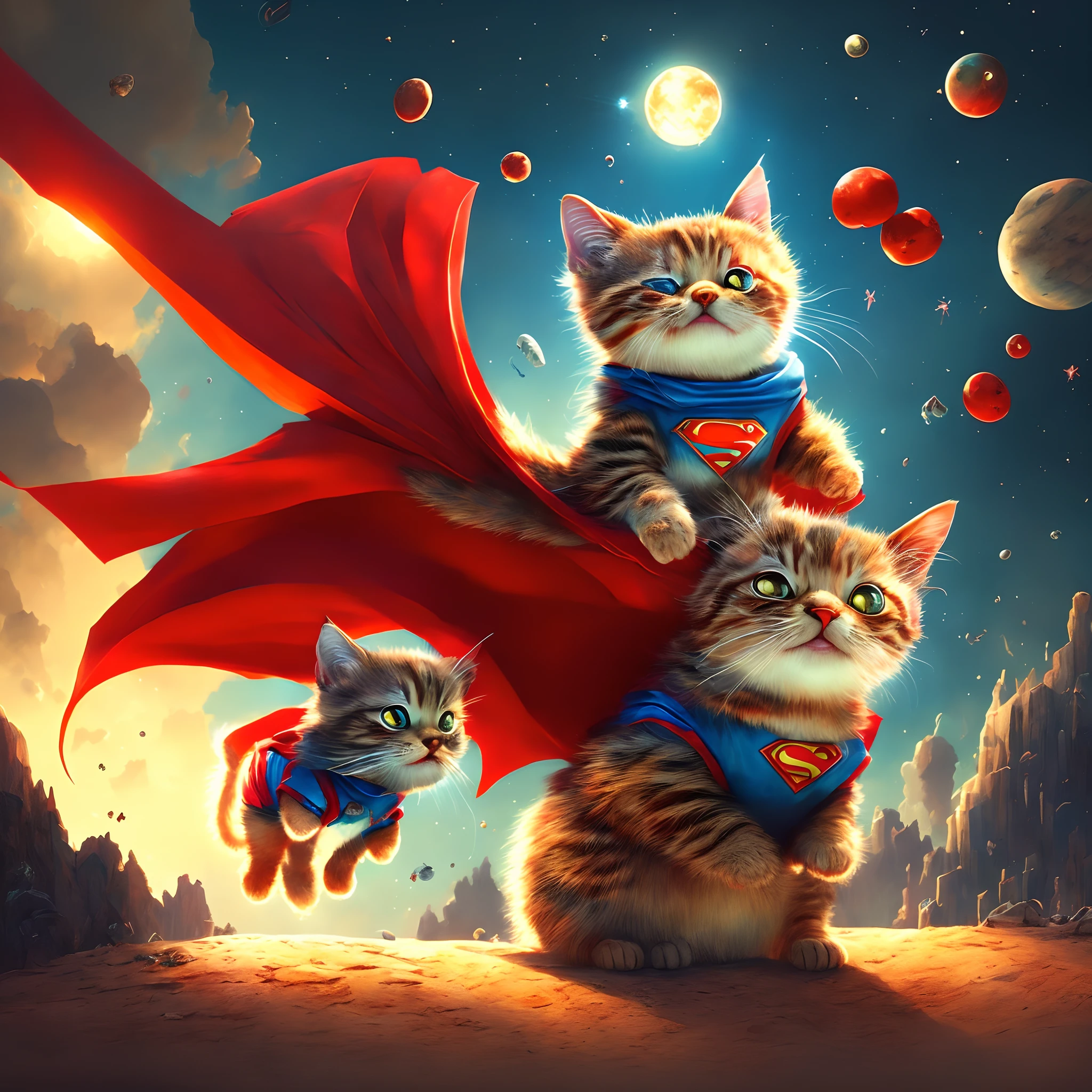 Pixar style, 3d, little cute and adorable cat superman, red wall, floating in space, jean-baptiste monge, anthropomorphic, dramatic lighting
