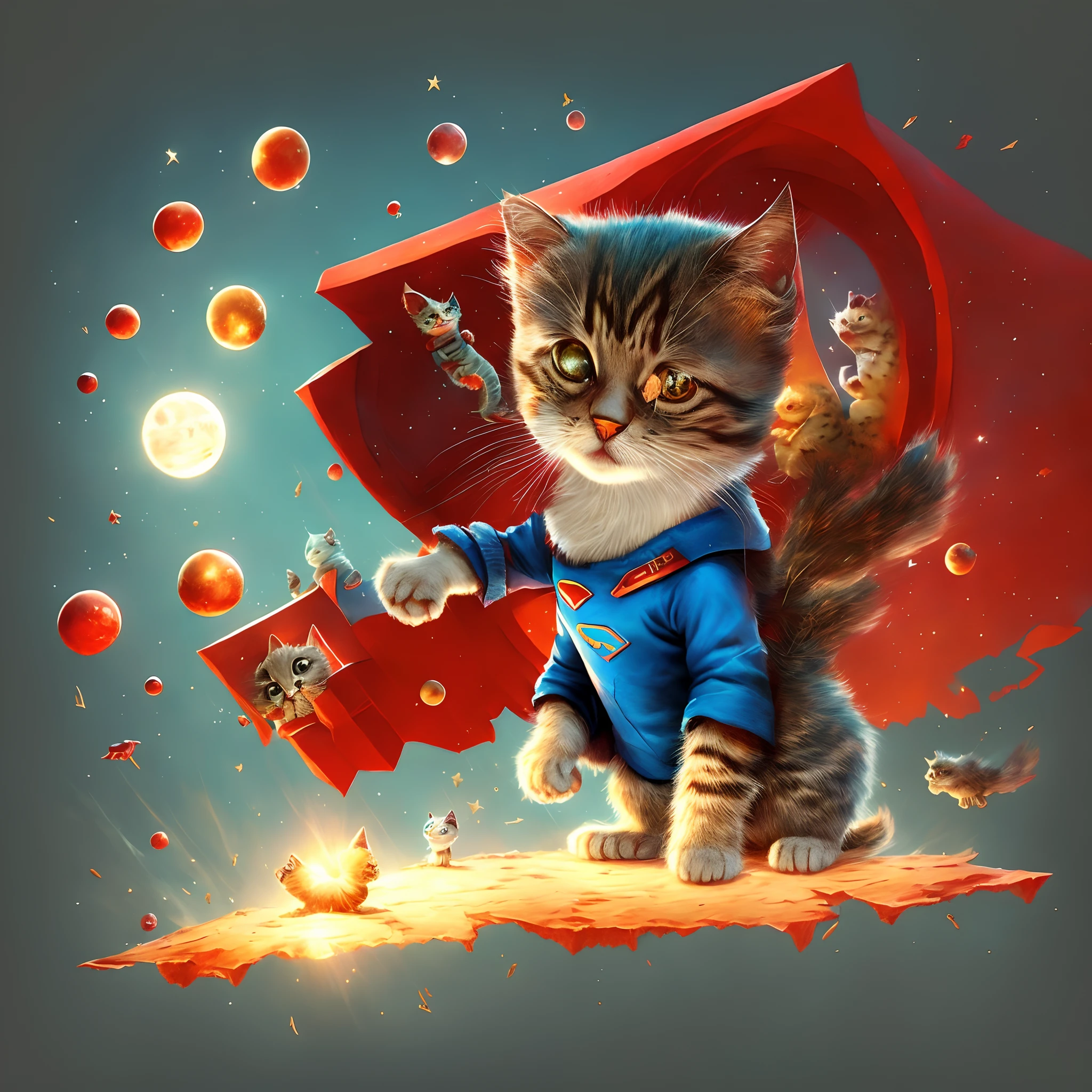 Pixar style, 3d, little cute and adorable cat superman, red wall, floating in space, jean-baptiste monge, anthropomorphic, dramatic lighting
