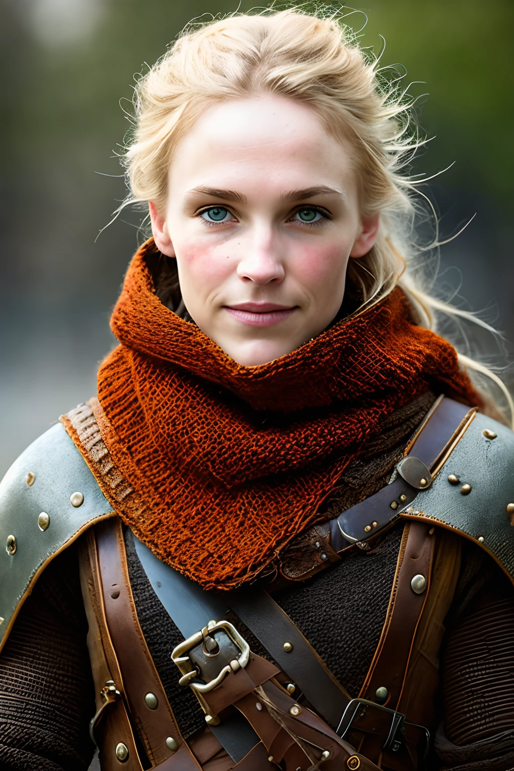 Extremely detailed RAW photo, portrait of rogue thief young woman, worn damaged leather armor, (knitted rogue Neck Gaiter), (smirk), beautiful detailed eyes, sharp chin, detailed face, (messy blond hair), drawn by Greg Rutkowski, (Yoji Shinkawa:0.2), bokeh, medieval city bg