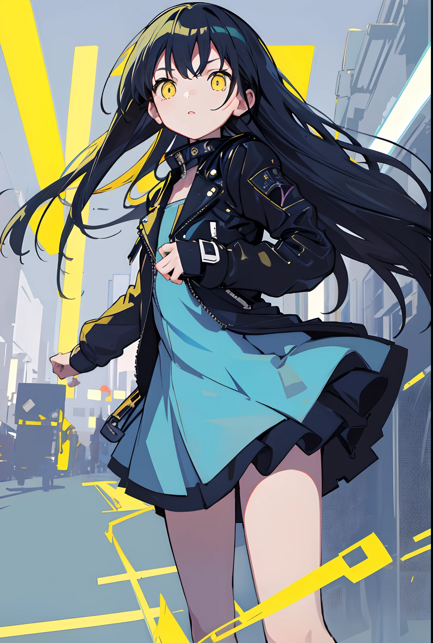 masterpiece, flat background, no background, full body, standing, 1 girl, solo, cute, biker jacket, baby blue dress, long hair, 50mm portrait, delicate face, semi-real, sharp focus, super detail, absurdity, depth of field, yellow eyes, neon