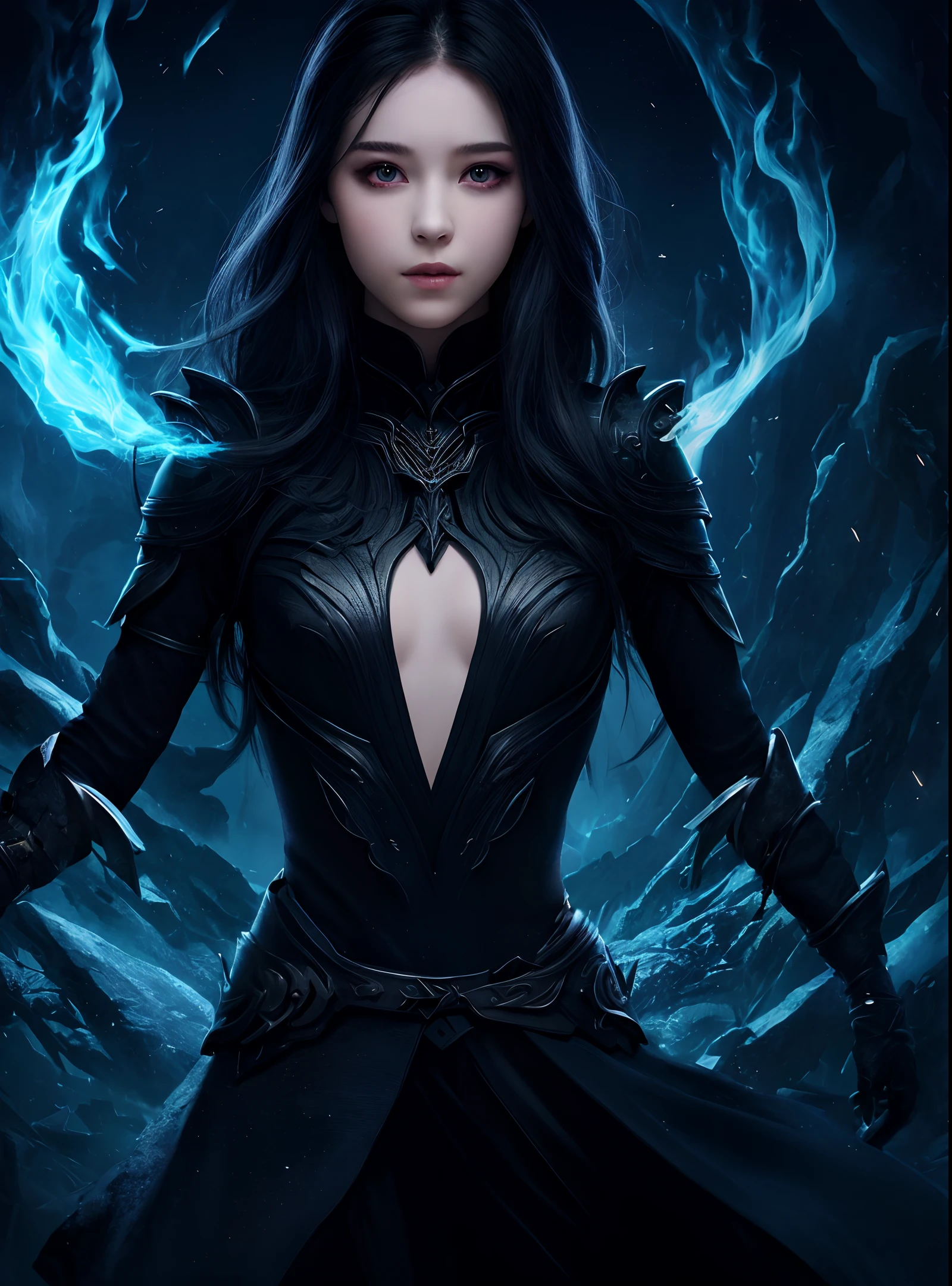 1girl, solo, beautiful, best quality, fantasy, dark, shadow, face is important, boy is important, eyes are important, r characters are the main body of the work (upper body), flame, ruins, magic vortex,