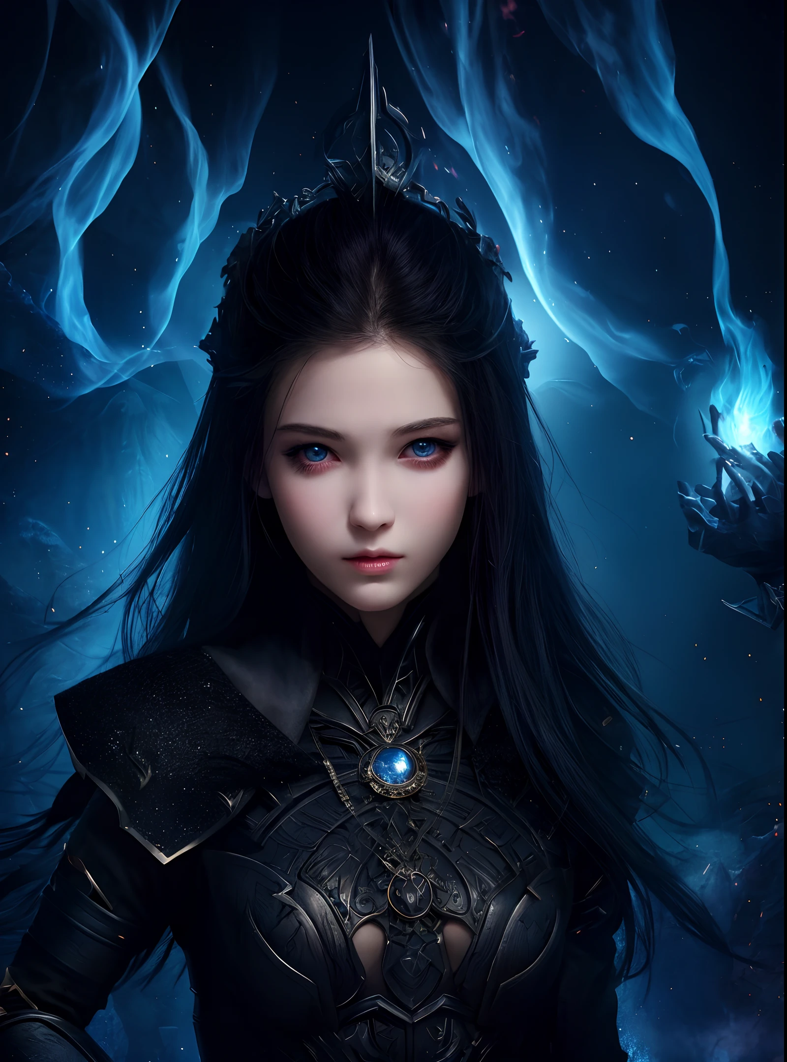 1girl, solo, beautiful, best quality, fantasy, dark, shadow, face is important, boy is important, eyes are important, r characters are the main body of the work (upper body), flame, ruins, magic vortex,