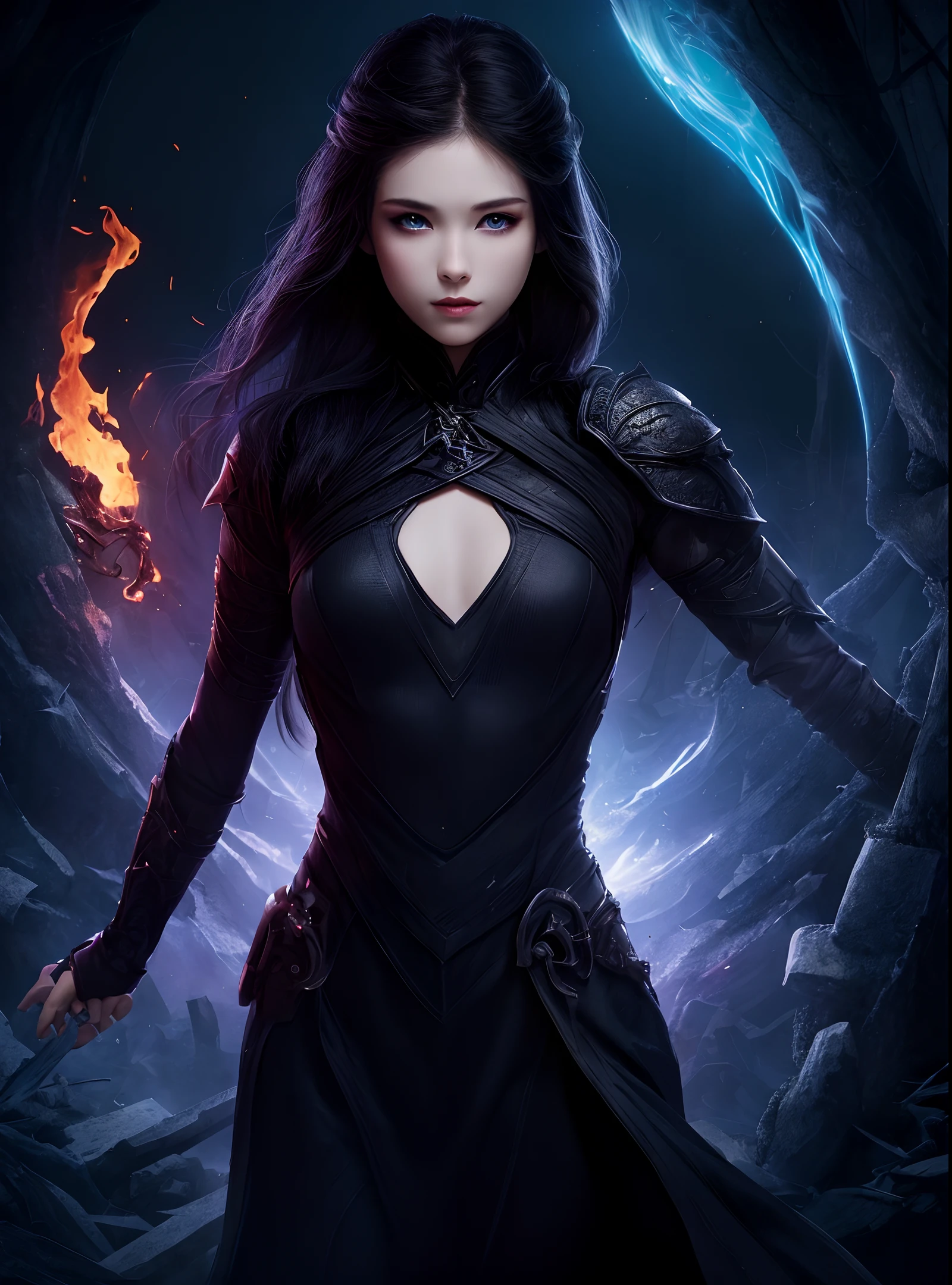 1girl, solo, beautiful, best quality, fantasy, dark, shadow, face is important, boy is important, eyes are important, r characters are the main body of the work (upper body), flame, ruins, magic vortex,