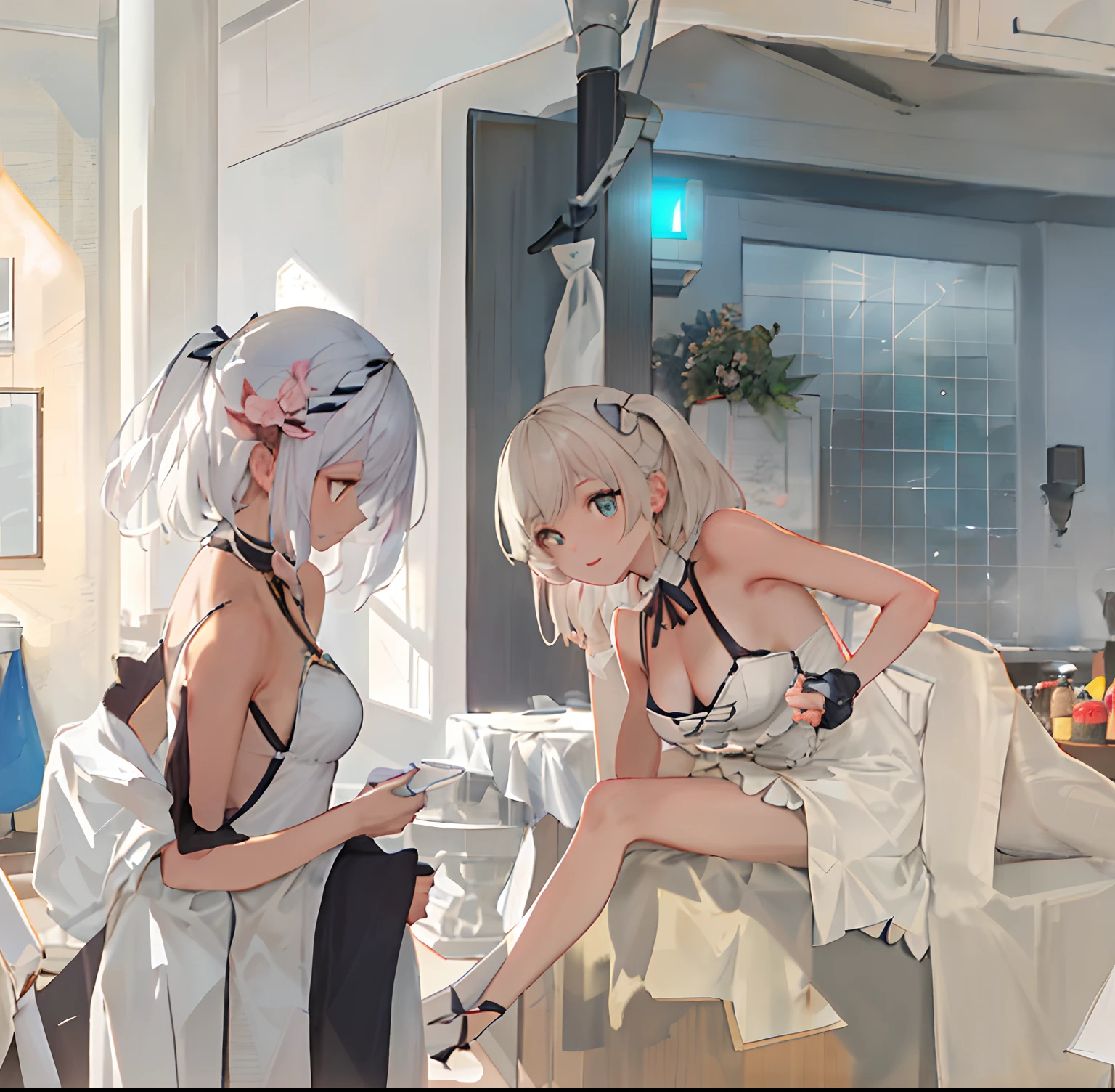 It uses stunning ray tracing effects to create an amazing masterpiece, featuring two charming girls with delicate, slim bodies, beautiful curves, and proportional limbs, plus the best shadows and realistic light. Have medium sized breasts, show cleavage, perfect face, shiny skin, and beautiful eyes.