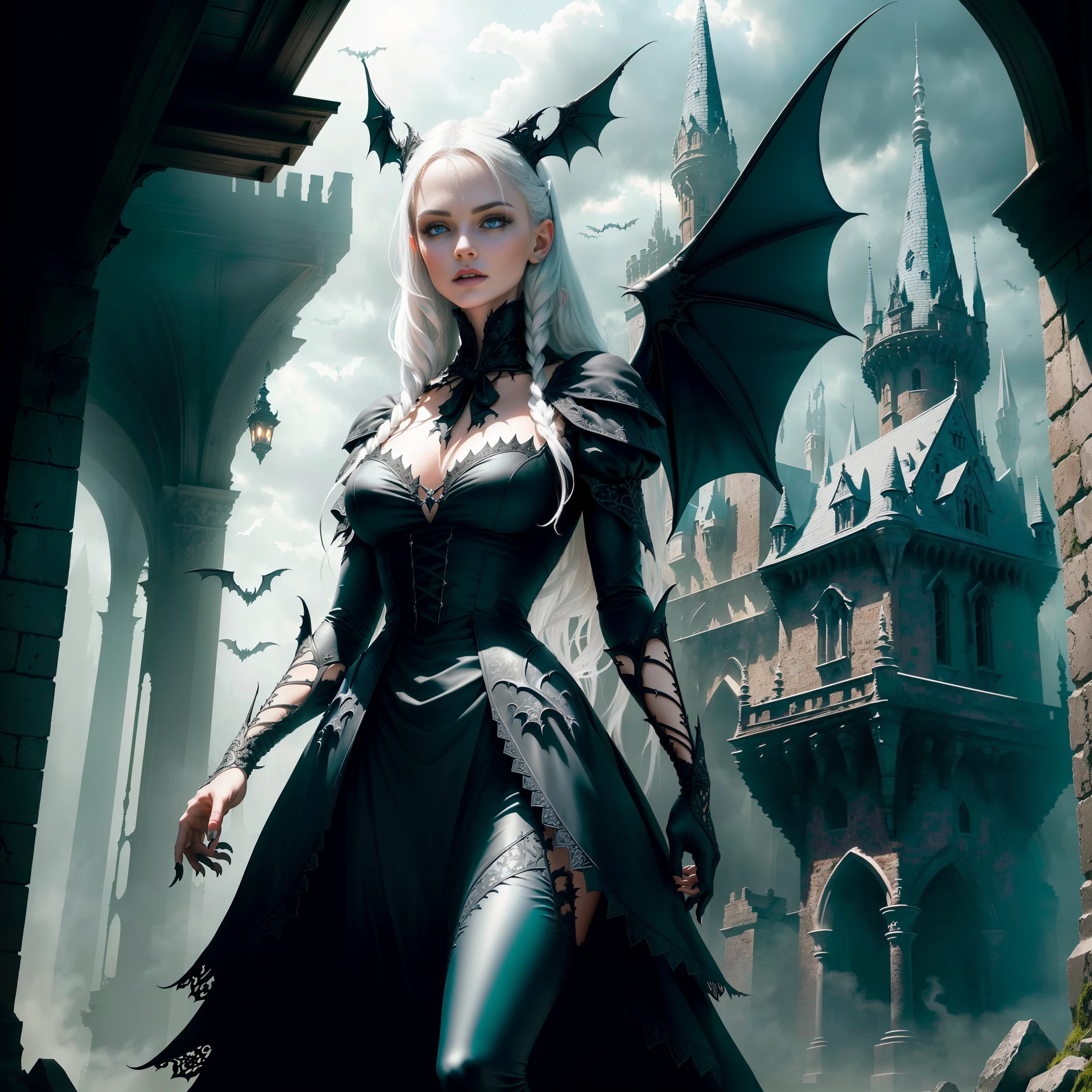dark fantasy, female vampire, white person, beautiful appearance, intricate details, light blue eyes, high quality, HDR, surrealism, super detail, unreal engine, danger, gray hair, black dress, sexy, standing in front of a floating castle, wings, right front view, bats, vampire den horror, creepy atmosphere HDR, hyperrealism, ((intricate detail)), (intricate detail, super-detail), movie, volumetric lighting, realism
