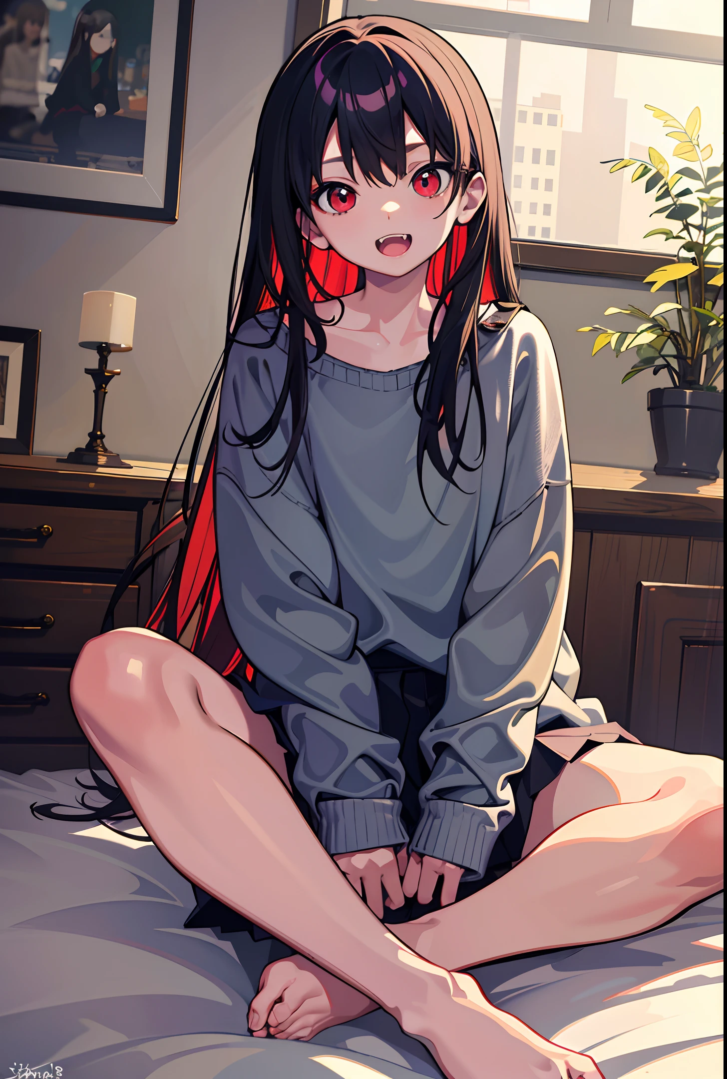 masterpiece, absurdres, depth of field, indoors, bedroom sitting on bed, 1girl, solo, cute, (baggy oversized sweater), very long sleeves, jeans skirt, 50mm portrait, delicate facial features, semi realistic, sharp focus, ultra detailed, fangs, red