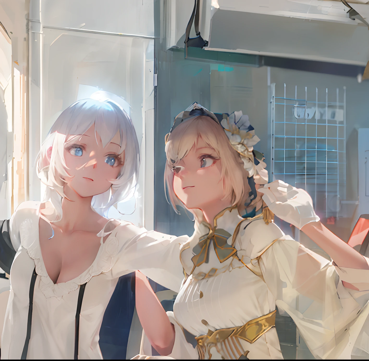 It uses stunning ray tracing effects to create an amazing masterpiece, featuring two charming girls with delicate, slim bodies, beautiful curves, and proportional limbs, plus the best shadows and realistic light. Have tremendous sized breasts, show cleavage, perfect face, shiny skin, and beautiful eyes.