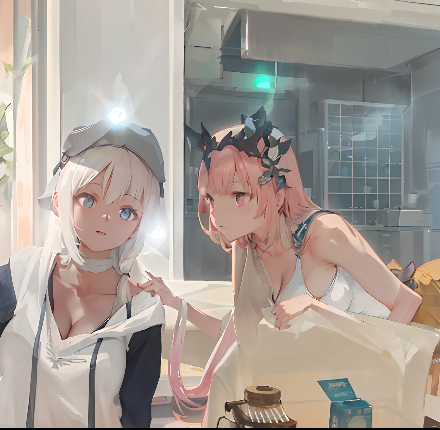 It uses stunning ray tracing effects to create an amazing masterpiece, featuring two charming girls with delicate, slim bodies, beautiful curves, and proportional limbs, plus the best shadows and realistic light. Have huge breasts, show cleavage, perfect face, shiny skin, and beautiful eyes.