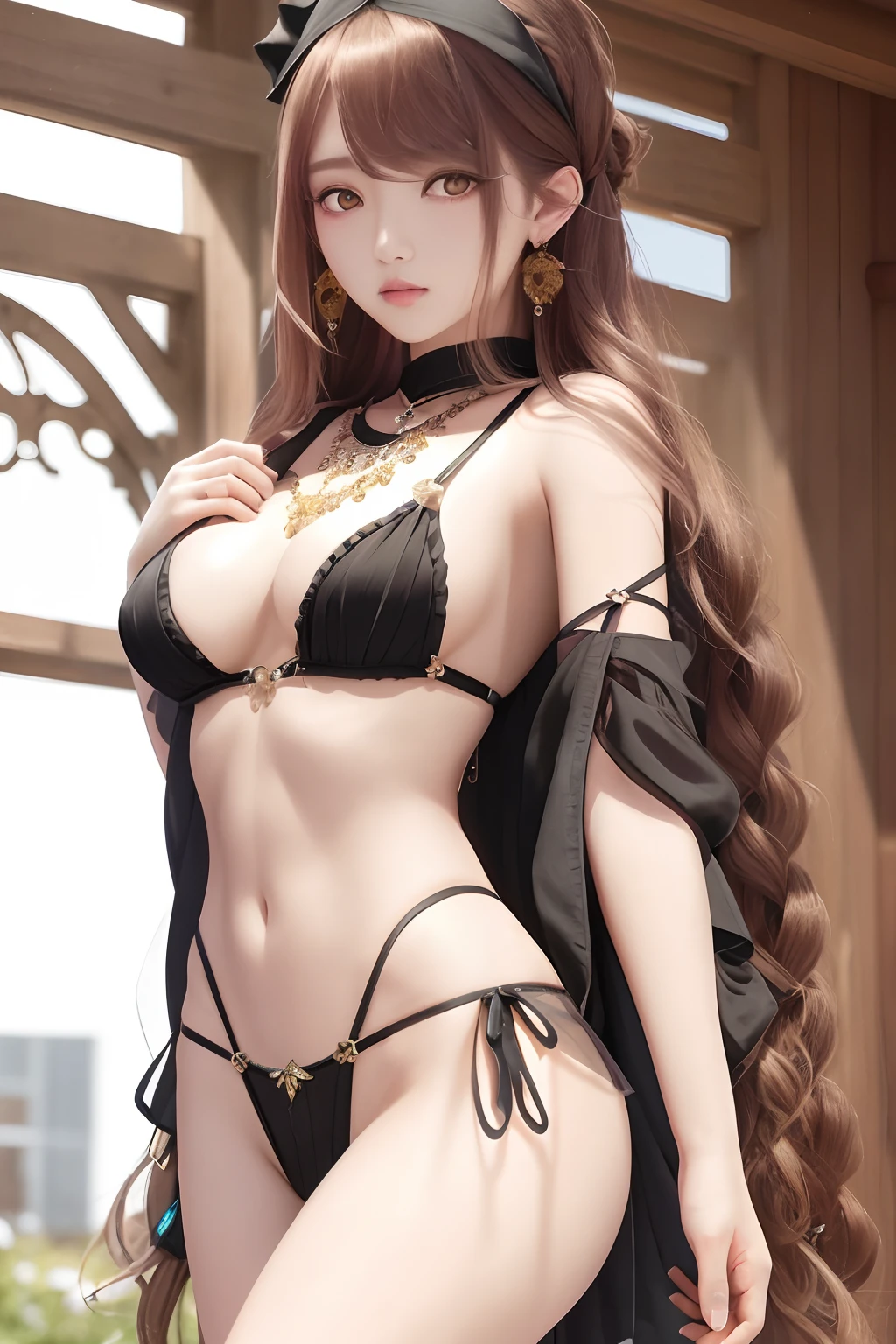 1girl, long hair, (on body: 1.2), hair accessories, necklace, accessories, long hair, earrings, highres, headband, pretty face, delicate eyes, delicate eyelashes, (big breasts: 1.3), thin body, shiny skin, (8k_wallpaper), intricately detailed, (no underwear), (see through clothing), (covered, toned abs, ulzzang-6500-v1.1,