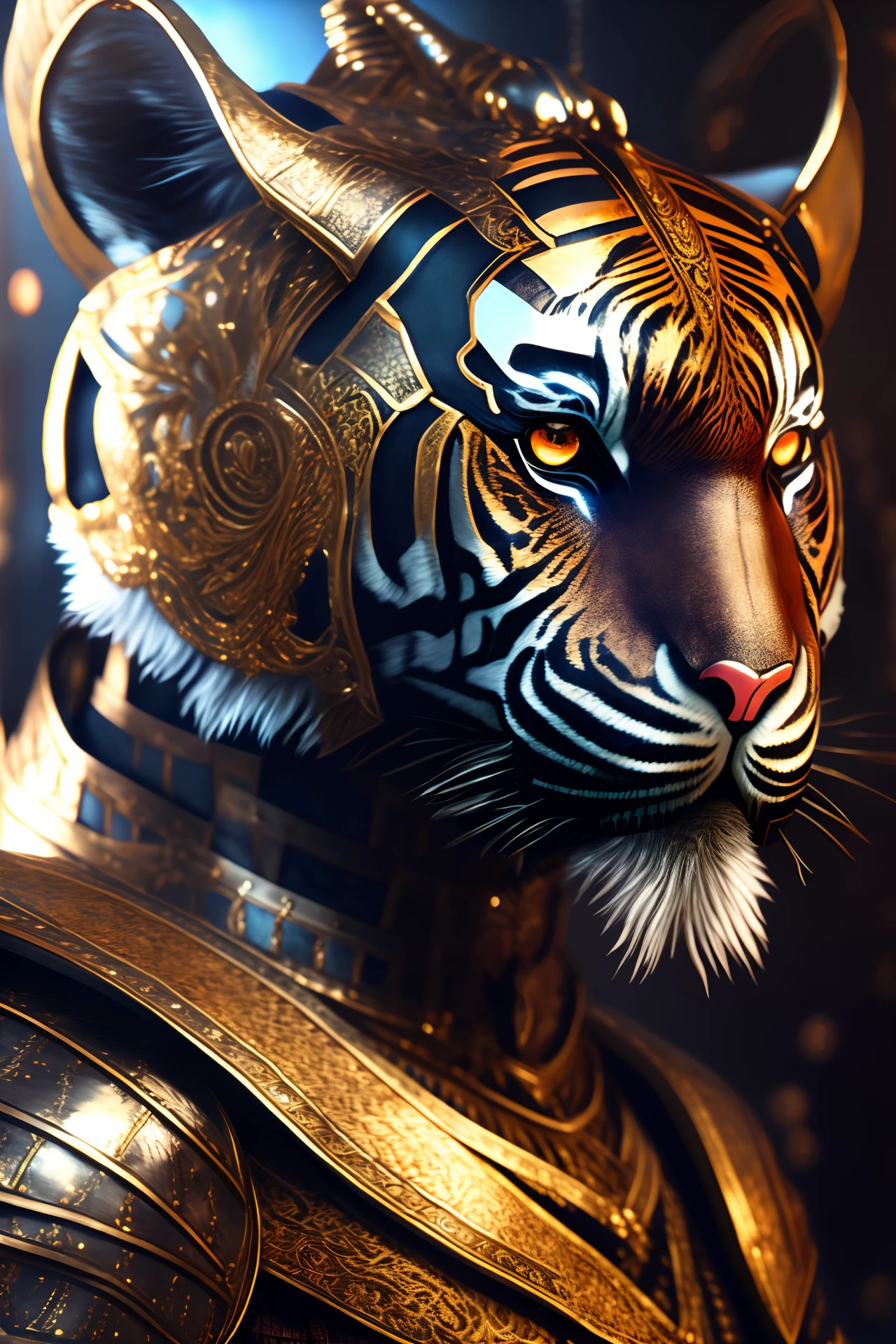 The tiger knight's portrait is depicted with a striking half-side face, showing intricate designs, beautiful silver armor, and luxurious silk fabrics. This 4K masterpiece is enhanced with cinematic lighting
