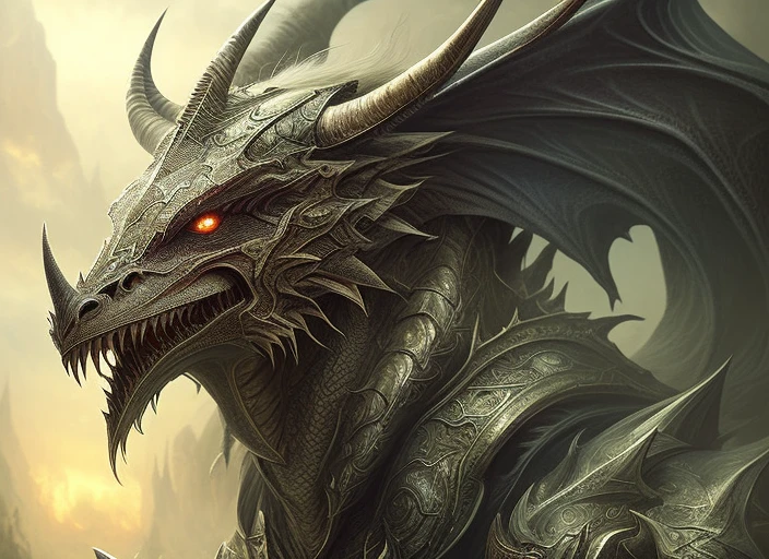 (realistic:1.3), poster,intricate details,painting \(artwork\), ((masterpiece,best quality)), ((cinematic light)), Dragon,hybrid,hyperealistic, scary, dark fantasy \(style\), detailed armor, detailed helmet, white flowing mane, big horns