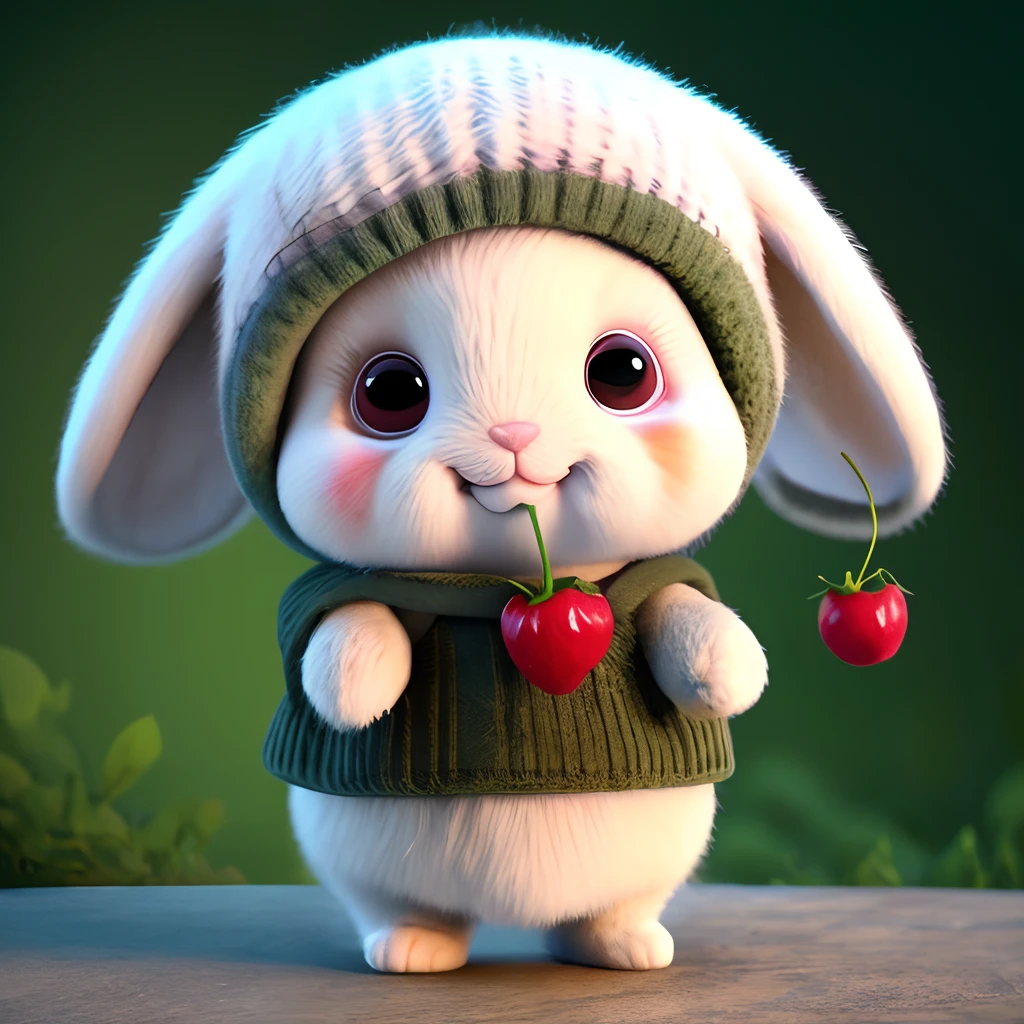 : 3. Rabbit, realistic, hairy, clothed animal, apple, dark circles, blush, cherry, food, fruit, full body, hat, non-human, strawberry, tomato, watermelon