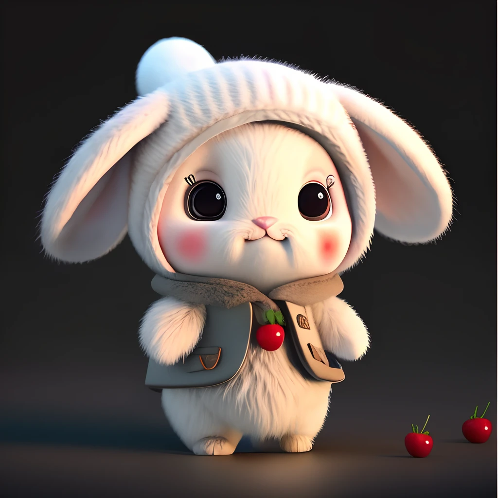 : 3. Rabbit, realistic, hairy, clothed animal, apple, dark circles, blush, cherry, food, fruit, full body, hat, non-human, strawberry, tomato, watermelon