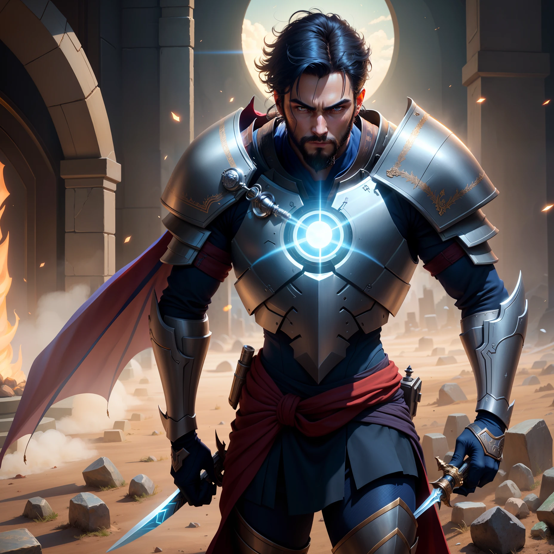 High-definition detailed RAW color photo, male paladin, gray-black hair, red eyes, Asian features, short beard, black armor, dragon pattern, sword and shield, dynamic posture, (skin detail), (lip detail), (eye detail), (universe: 1.4), (graveyard: 1.1), (detailed face), (detailed face), (detailed face), (detailed face), detailed eyes, color difference, deep scene, soft light, soft light, exquisite light, exquisite workmanship, intricate (lens glow): 0.7), (Halo: 0.7), Particle Effects, Ray Tracing, Hue Mapping, high detail, conceptual art, smooth, sharp focus, dramatic lighting, highly detailed artwork, movies, ultra-realistic paintings, trends on Artstation, 8K, incredible shadows, realism, (very detailed background: 1.2), Midjourney's artwork