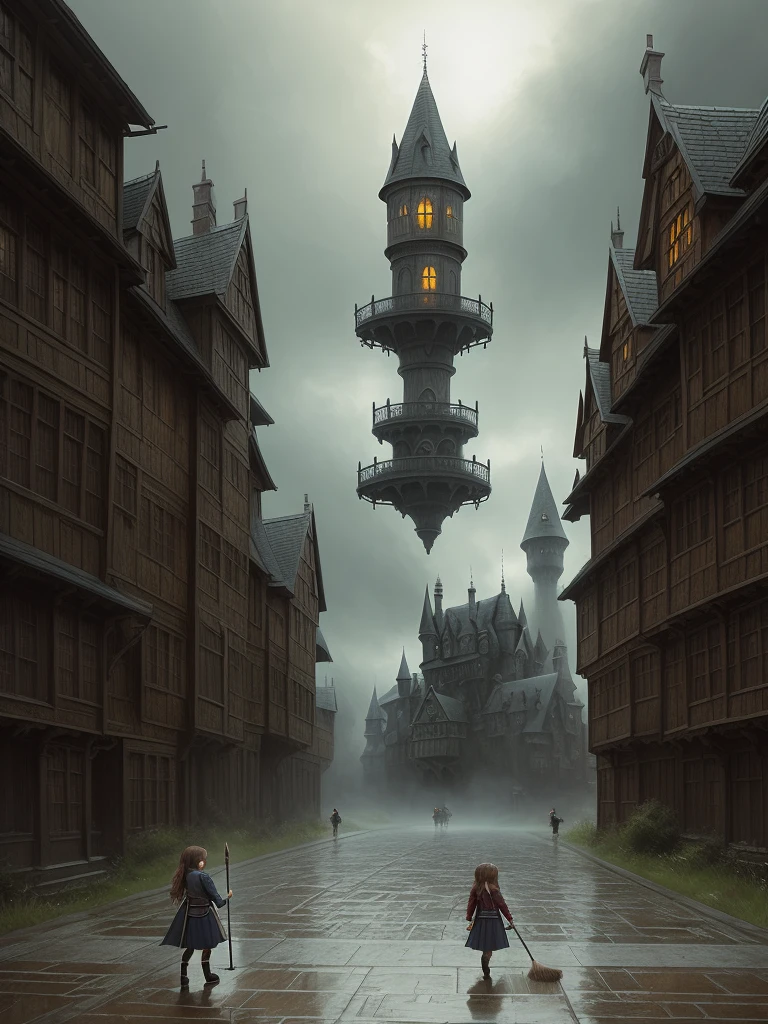 ((Hermione Granger flies on a broomstick)), Hall at Hogwarts on backgroung, ((((chibi)))), (magical atmosphere), ((((cinematic look)))), soothing tones,intricate scene, insane details, intricate details, hyperdetailed, low contrast, soft cinematic light, dim colors, exposure blend, hdr, faded, slate atmosphere, Studio Ghibli, ArtStation, CGSociety, Intricate, High Detail, Sharp focus, painting art by Jakub Rozalski and Greg Rutkowski