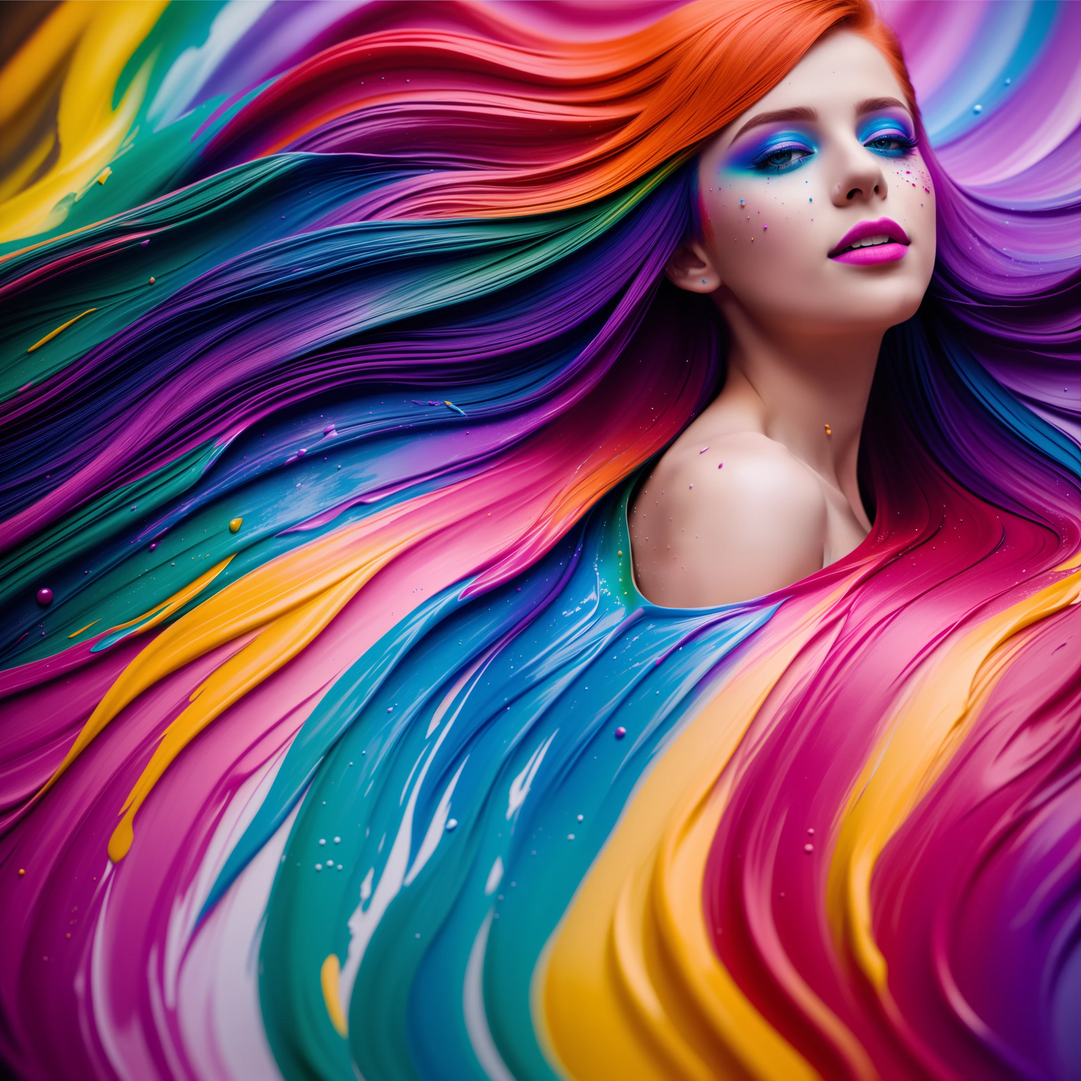 (level difference: 1.8), (collision of colors and splashes on canvas), (depth of field), the girl's side face merges with him, ((side face)), open mouth, (liquid paint, rainbow hair: 1.1) made of paint and defies gravity, thick flowing (paint splashes: 1.3), liquid state, stunningly beautiful, masterpiece, detailed background, ultra-high quality model, ethereal background, abstract beauty, explosive volume, oil painting, heavy brushstrokes, romantic lighting, subsurface scattering, 135mm lens, f1.8, glow, 8k, high resolution, daydreaming, ray tracing, HDR, good rays