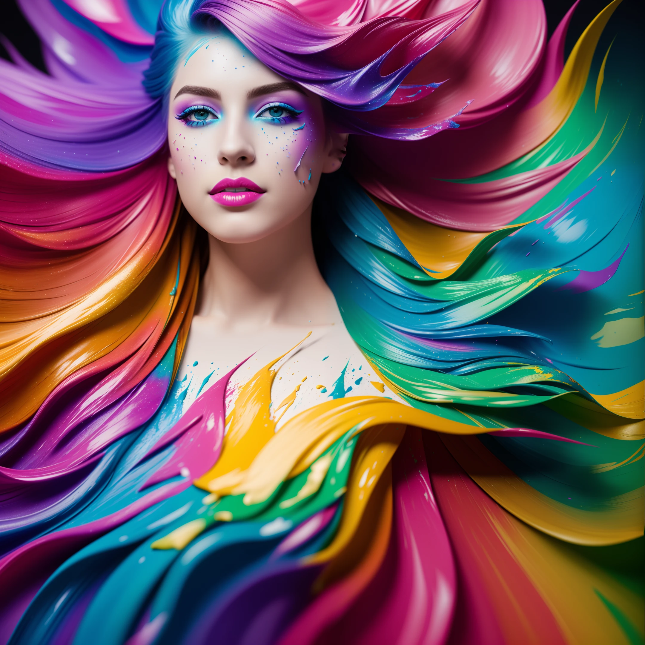 (level difference: 1.8), (collision of colors and splashes on canvas), (depth of field), the girl's side face merges with him, ((side face)), open mouth, (liquid paint, rainbow hair: 1.1) made of paint and defies gravity, thick flowing (paint splashes: 1.3), liquid state, stunningly beautiful, masterpiece, detailed background, ultra-high quality model, ethereal background, abstract beauty, explosive volume, oil painting, heavy brushstrokes, romantic lighting, subsurface scattering, 135mm lens, f1.8, glow, 8k, high resolution, daydreaming, ray tracing, HDR, good rays
