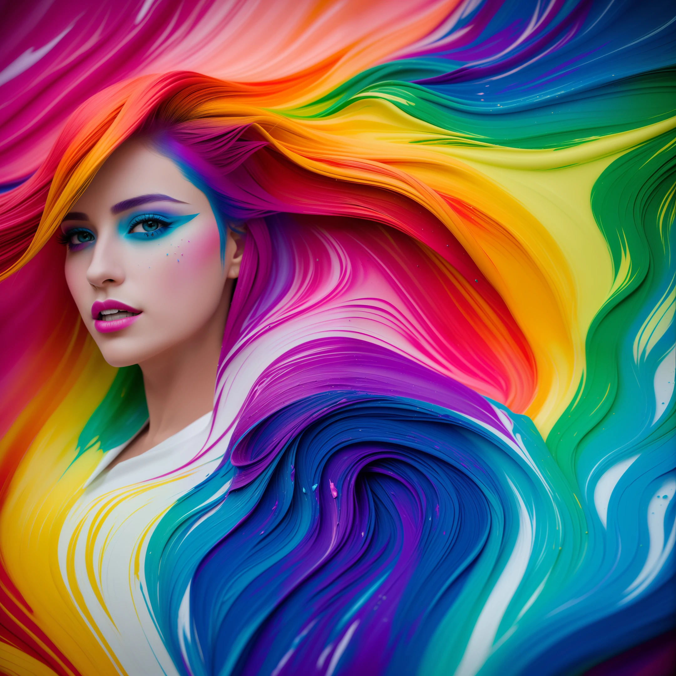 (level difference: 1.8), (collision of colors and splashes on canvas), (depth of field), the girl's side face merges with him, ((side face)), open mouth, (liquid paint, rainbow hair: 1.1) made of paint and defies gravity, thick flowing (paint splashes: 1.3), liquid state, stunningly beautiful, masterpiece, detailed background, ultra-high quality model, ethereal background, abstract beauty, explosive volume, oil painting, heavy brushstrokes, romantic lighting, subsurface scattering, 135mm lens, f1.8, glow, 8k, high resolution, daydreaming, ray tracing, HDR, good rays