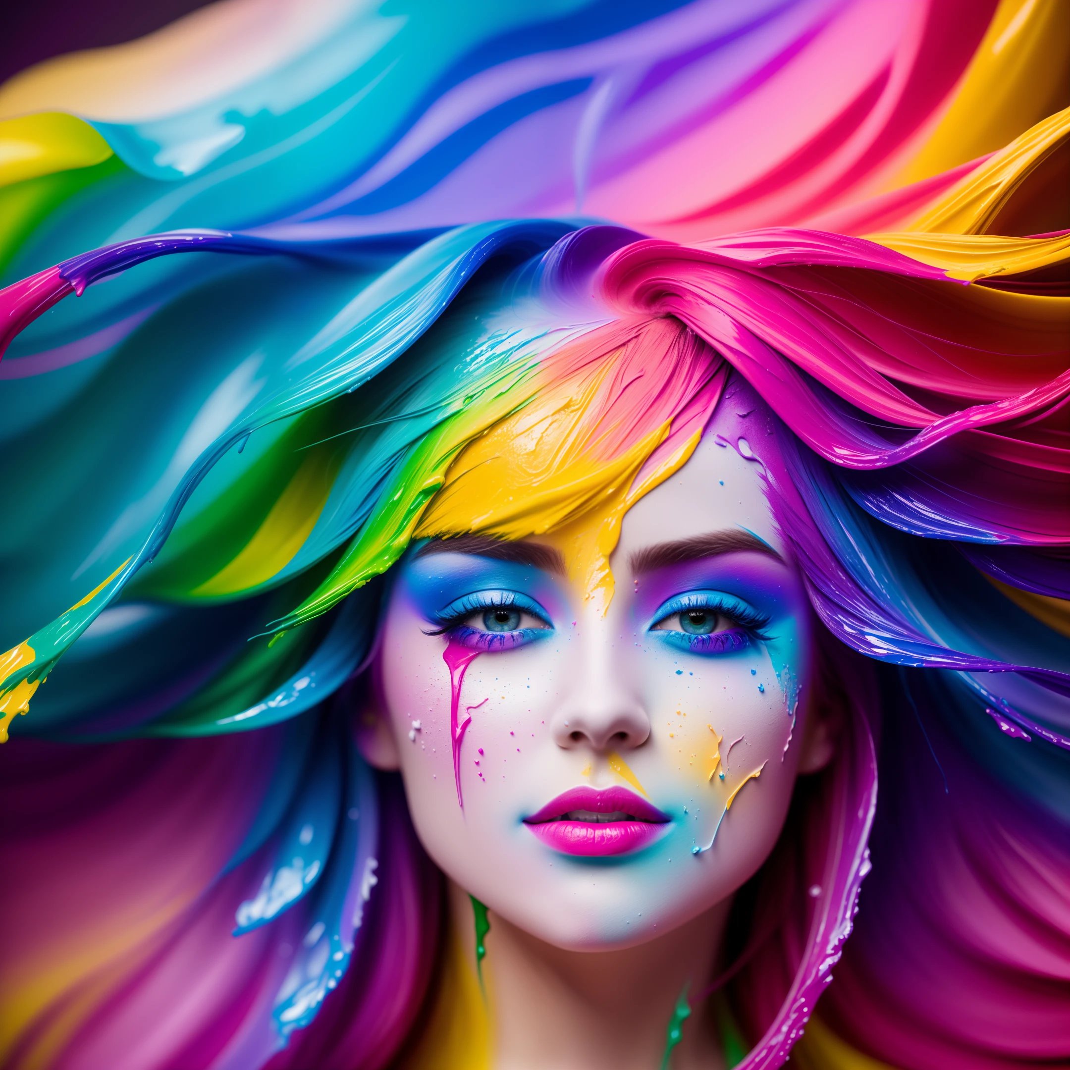 (level difference: 1.8), (collision of colors and splashes on canvas), (depth of field), the girl's face merges with him, ((face looking at the camera)), open mouth, (liquid paint, rainbow hair: 1.1) made of paint and defies gravity, thick flowing (paint splashes: 1.3), liquid state, stunningly beautiful, masterpiece, detailed background, ultra-high-quality model, ethereal background, abstract beauty, explosive volume, oil painting, heavy brushstrokes, romantic lighting, subsurface scattering, 135mm lens, f1.8, glow, 8k, high definition, daydreaming, ray tracing, HDR, good rays