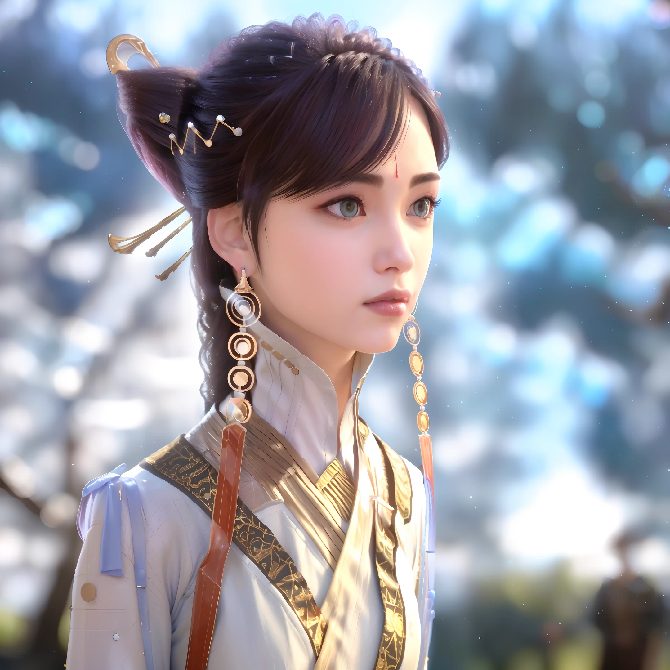 A woman with a ponytail, wearing a video game character costume with ponytails and ponytails, (1girl: 0.997), (blurry: 1.000), (blurry background: 1.000), (blurry foreground: 0.999), (bokeh: 0.831), (brown hair: 0.880), (Hanfu: 0.894), (depth of field: 1.000), (earrings: 0.984), (hair accessories: 0.984), (hair accessories: 0.947) ), (hair stick: 0.888), (accessories: 0.968), (lips: 0.863), (lipstick: 0.688), (makeup: 0.635), (motion blur: 0.936), (nose: 0.769), (outdoor: 0.571), (solo: 0.940)