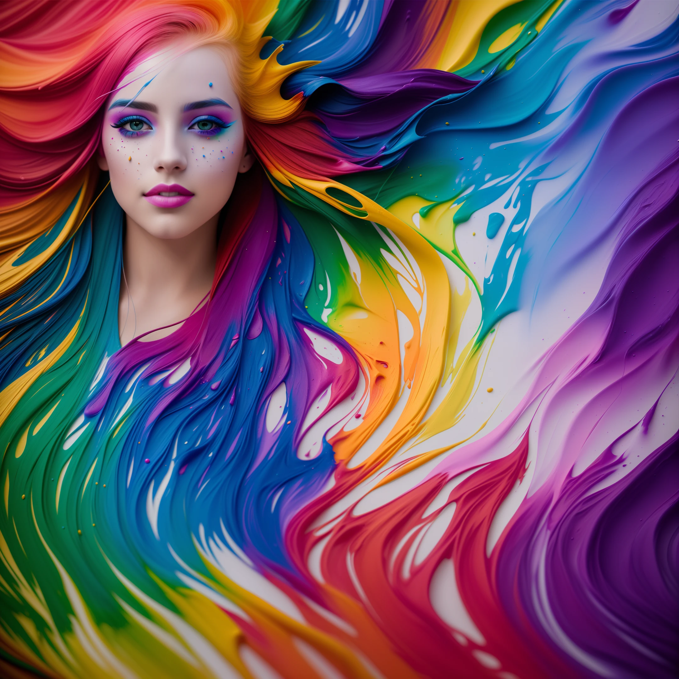 (level difference: 1.8), (collision of colors and splashes on canvas), (depth of field), girl's face merges with him, (face looking at camera)), open mouth, (liquid paint, rainbow hair: 1.1) made of paint and defies gravity, thick flowing (paint splashes: 1.3), liquid state, stunningly beautiful, masterpiece, detailed background, ultra-high-quality model, ethereal background, abstract beauty, explosive volume, oil painting, heavy brushstrokes, romantic lighting, subsurface scattering, 135mm lens, f1.8, glow, 8k, high definition, daydreaming, ray tracing, HDR, good rays