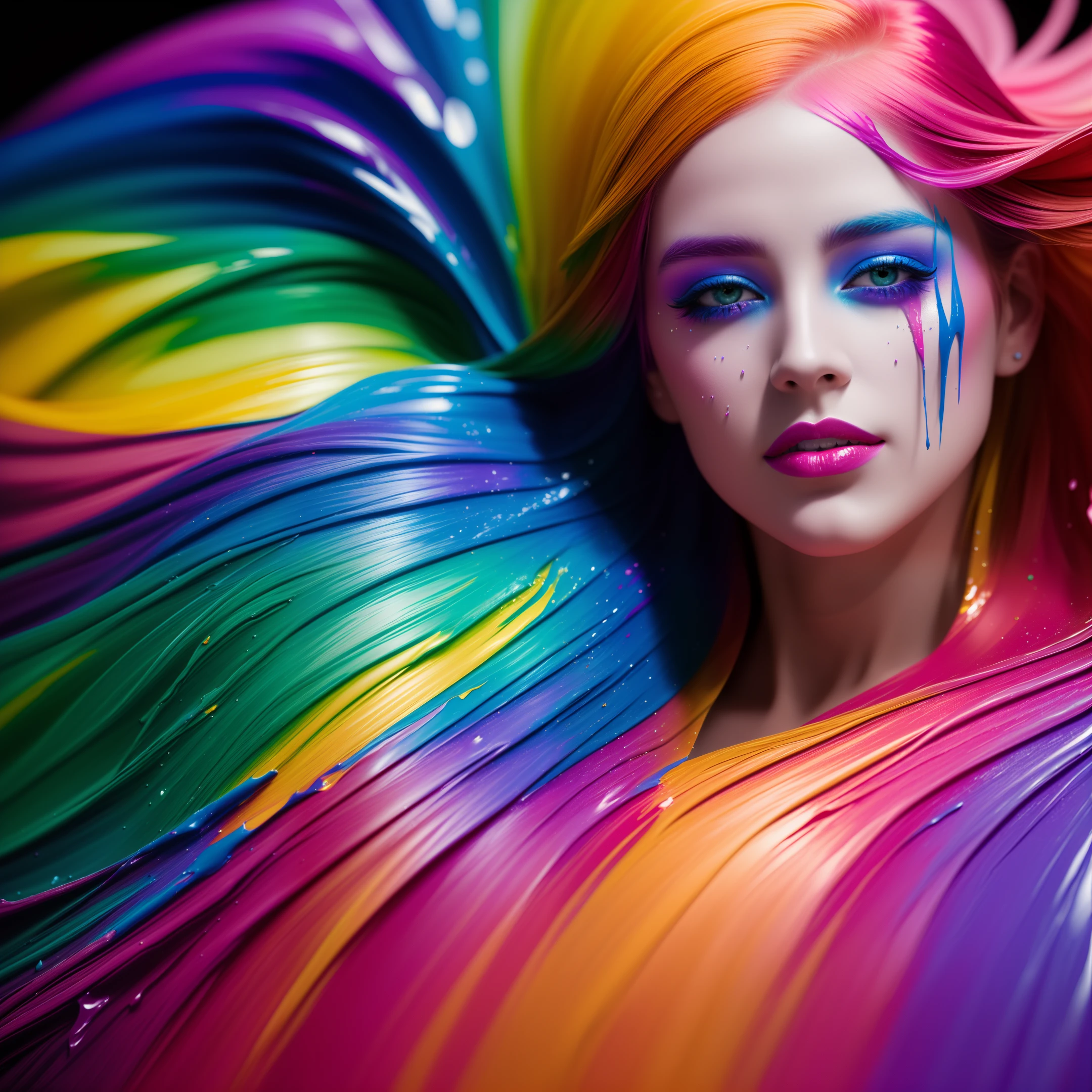 (level difference: 1.8), (collision of colors and splashes on canvas), (depth of field), girl's face merges with him, (face looking at camera)), open mouth, (liquid paint, rainbow hair: 1.1) made of paint and defies gravity, thick flowing (paint splashes: 1.3), liquid state, stunningly beautiful, masterpiece, detailed background, ultra-high-quality model, ethereal background, abstract beauty, explosive volume, oil painting, heavy brushstrokes, romantic lighting, subsurface scattering, 135mm lens, f1.8, glow, 8k, high definition, daydreaming, ray tracing, HDR, good rays