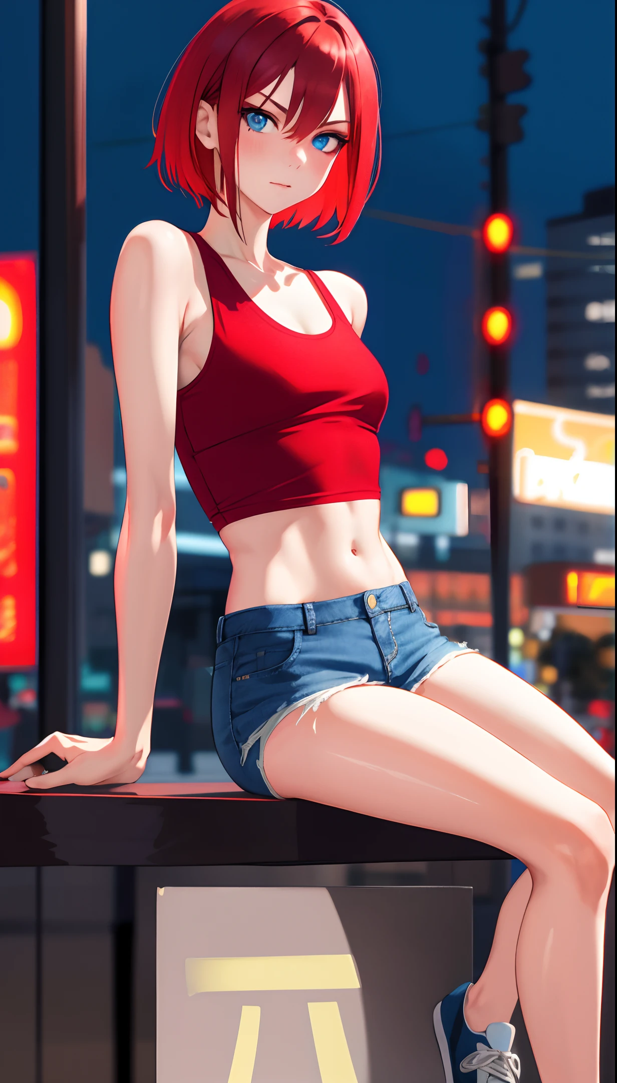 masterpiece, semi-realistic, 50mm portrait, highres, sharp focus, super detail, absurdity, dynamic lighting, 1girl, solo, cute, slender, small breasts, red tank top, red short hair, ripped jeans, sneakers, blue eyes, neon, city, night, delicate face, sexy facial expression, bloom, glow, depth of field