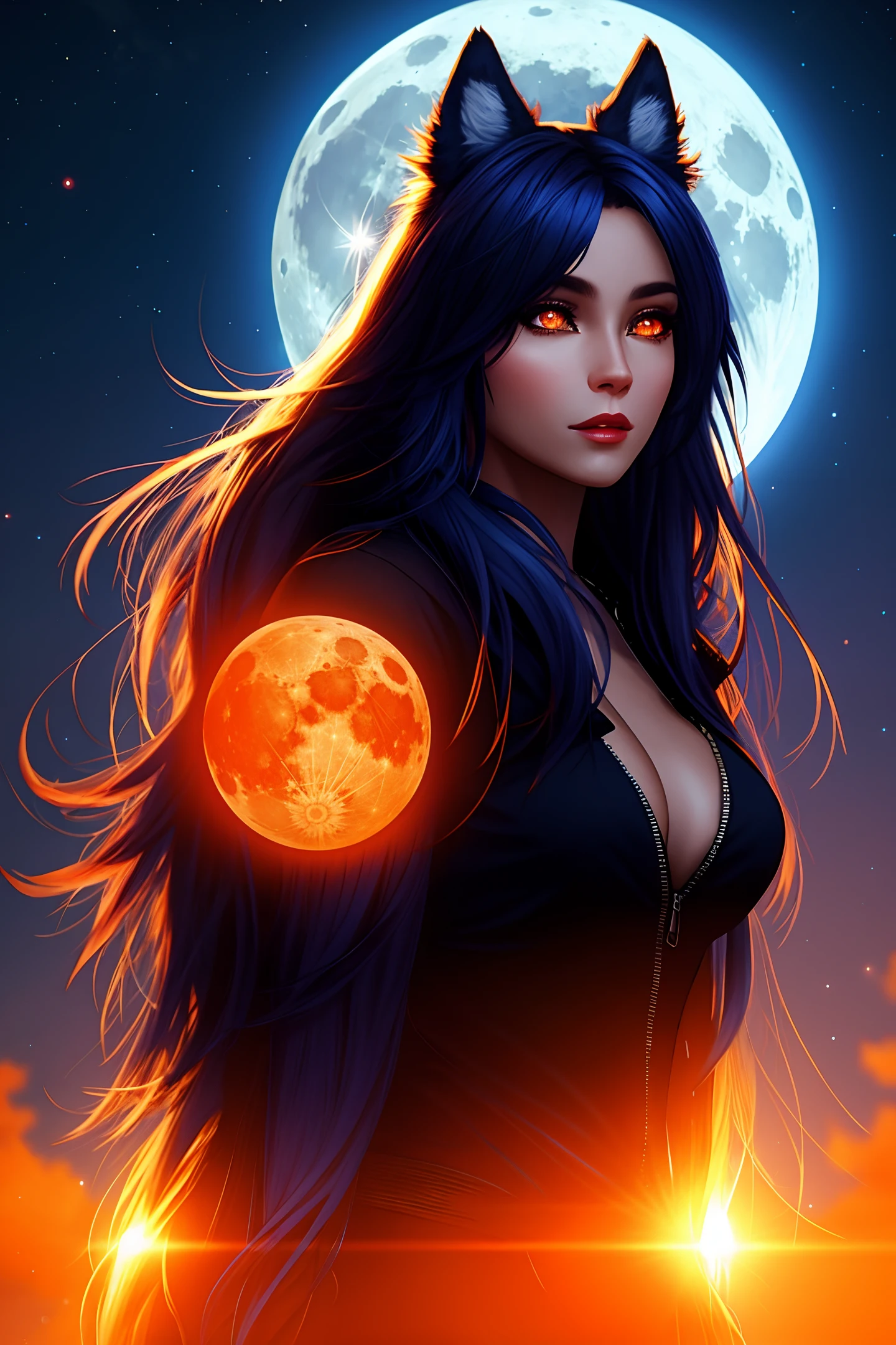 Blue Moon, Night Sky, Beautiful Female Werewolf, Mid-Length Hair, glowing orange eyes, realisitic, highly detailed, Unreal Engine, 8k