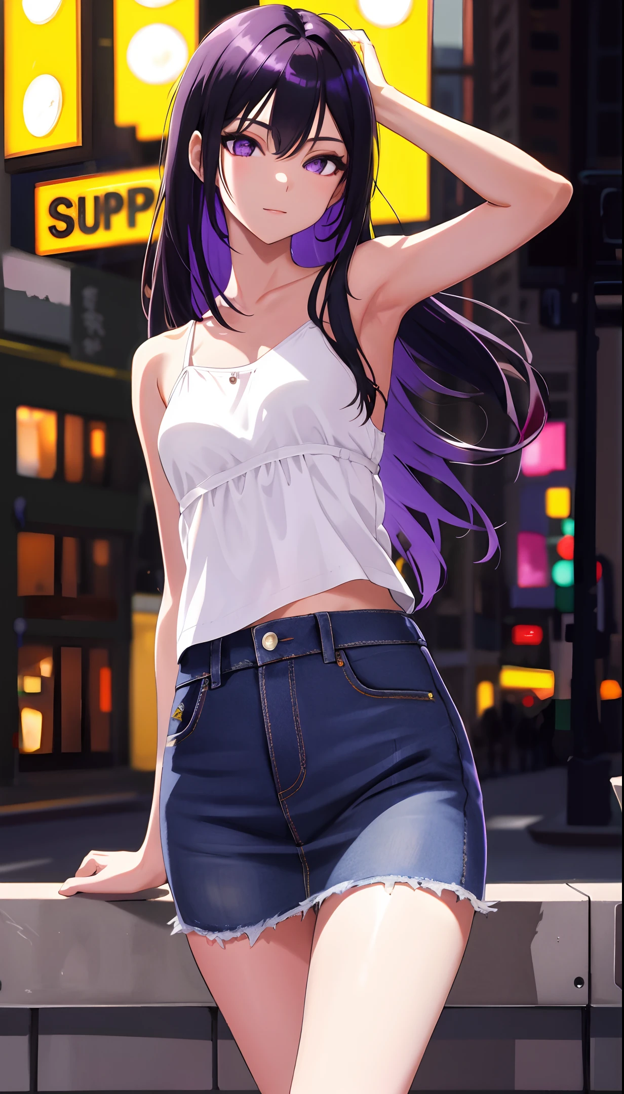masterpiece, semi-reality, 50mm portrait, high resolution, sharp focus, super detail, absurd, dynamic lighting, 1 girl, solo, cute, slender, shiny skin, small tits, purple camisole, jeans skirt, long hair, black eyes, neon, city, night, delicate face, sexy expression, bloom, glow, depth of field
