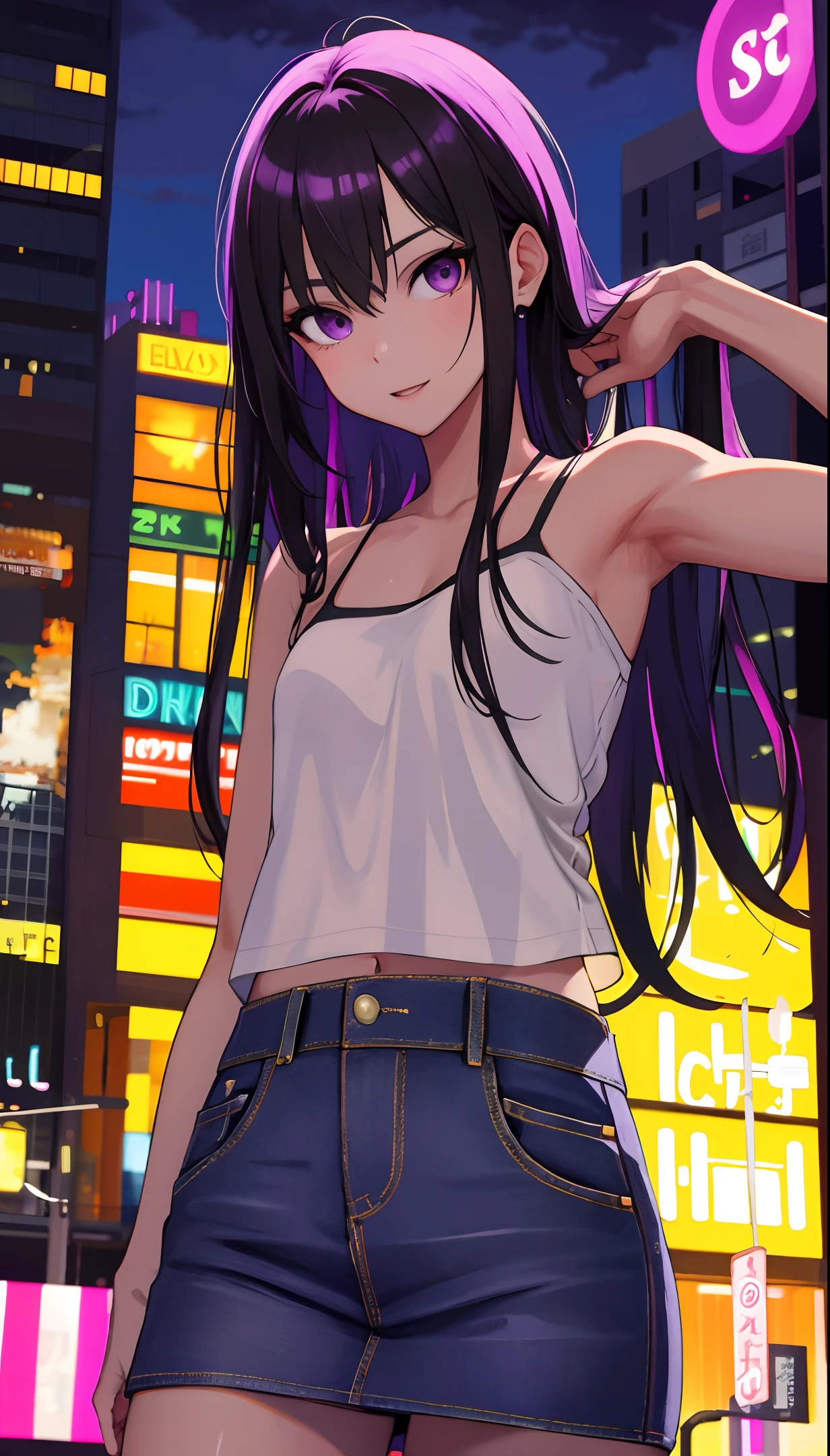 masterpiece, semi-reality, 50mm portrait, high resolution, sharp focus, super detail, absurd, dynamic lighting, 1 girl, solo, cute, slender, shiny skin, small tits, purple camisole, jeans skirt, long hair, black eyes, neon, city, night, delicate face, sexy expression, bloom, glow, depth of field