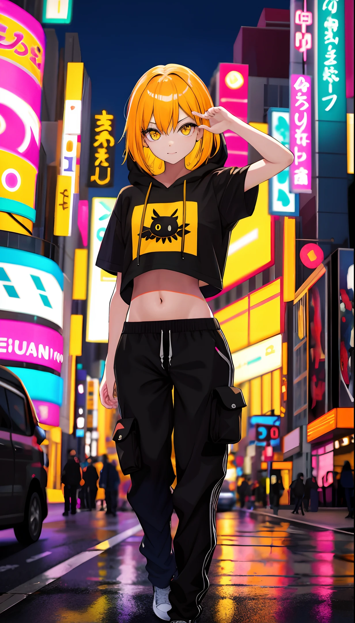 masterpiece, semi-reality, 50mm portrait, high resolution, sharp focus, super detail, absurd, dynamic lighting, 1 girl, solo, cute, slender, shiny skin, small tits, oversized orenge hoodie, t-shirt, three quarter pants, yellow eyes, neon, city, night, delicate face, sexy expression, bloom, glow, depth of field