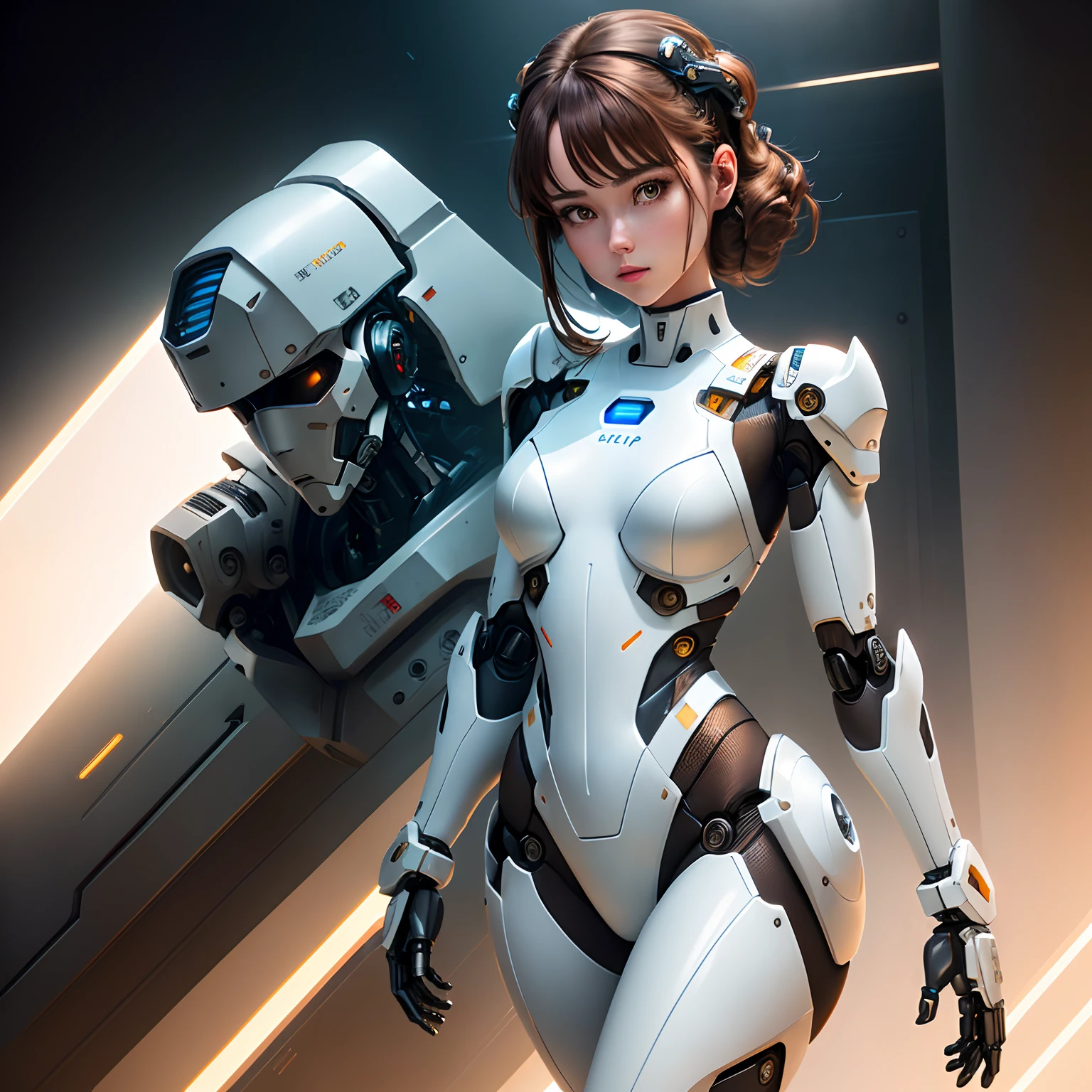 robot girl, plugsuit, human head, extremely beautiful face, brown hair, robotic arms, robotic legs, robotic hips, black bodysuit, metallic mesh, white armor bra, white armor panties, studio lighting, extremely detailed robotics, hydraulics, mechanical joints, doll like, highly detailed, sharp, high quality, cutting edge, beautiful render   