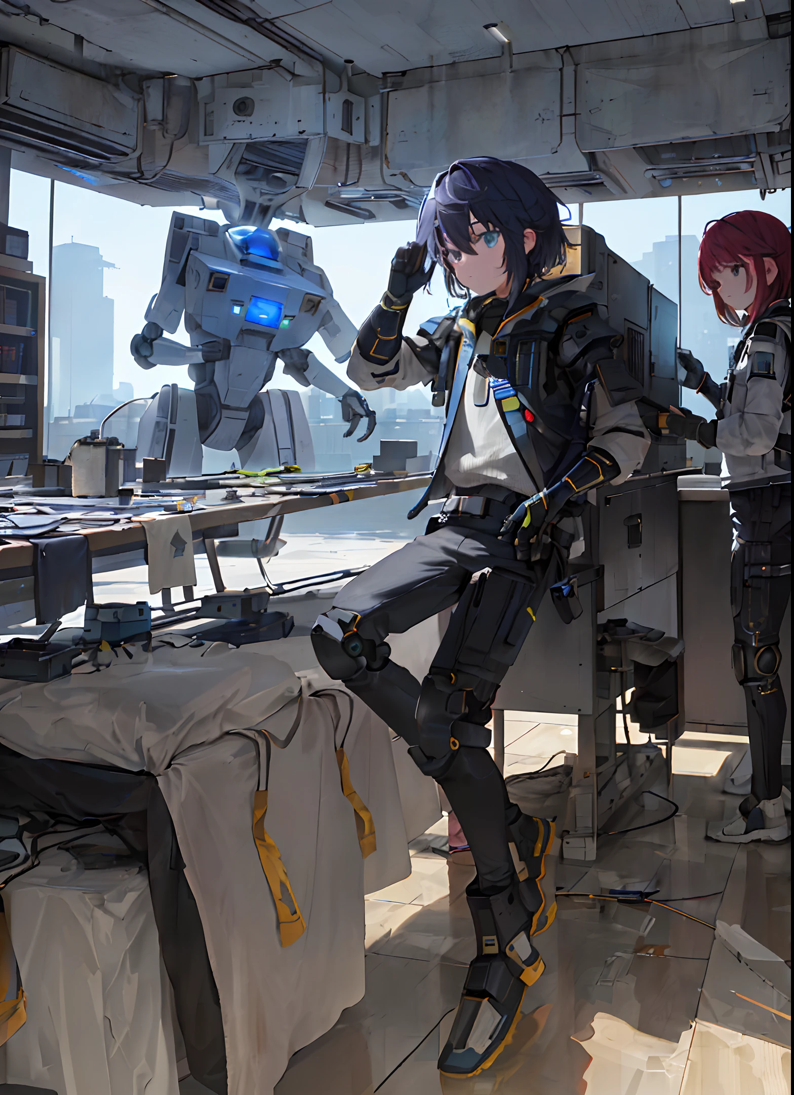 ((8k, RAW photo, best quality, masterpiece: 1.4))), ultra-high resolution, super detail, illustration, close-up, robot warrior, laboratory, spaceship made of stone, night, starry sky, building, future, imagination, nature