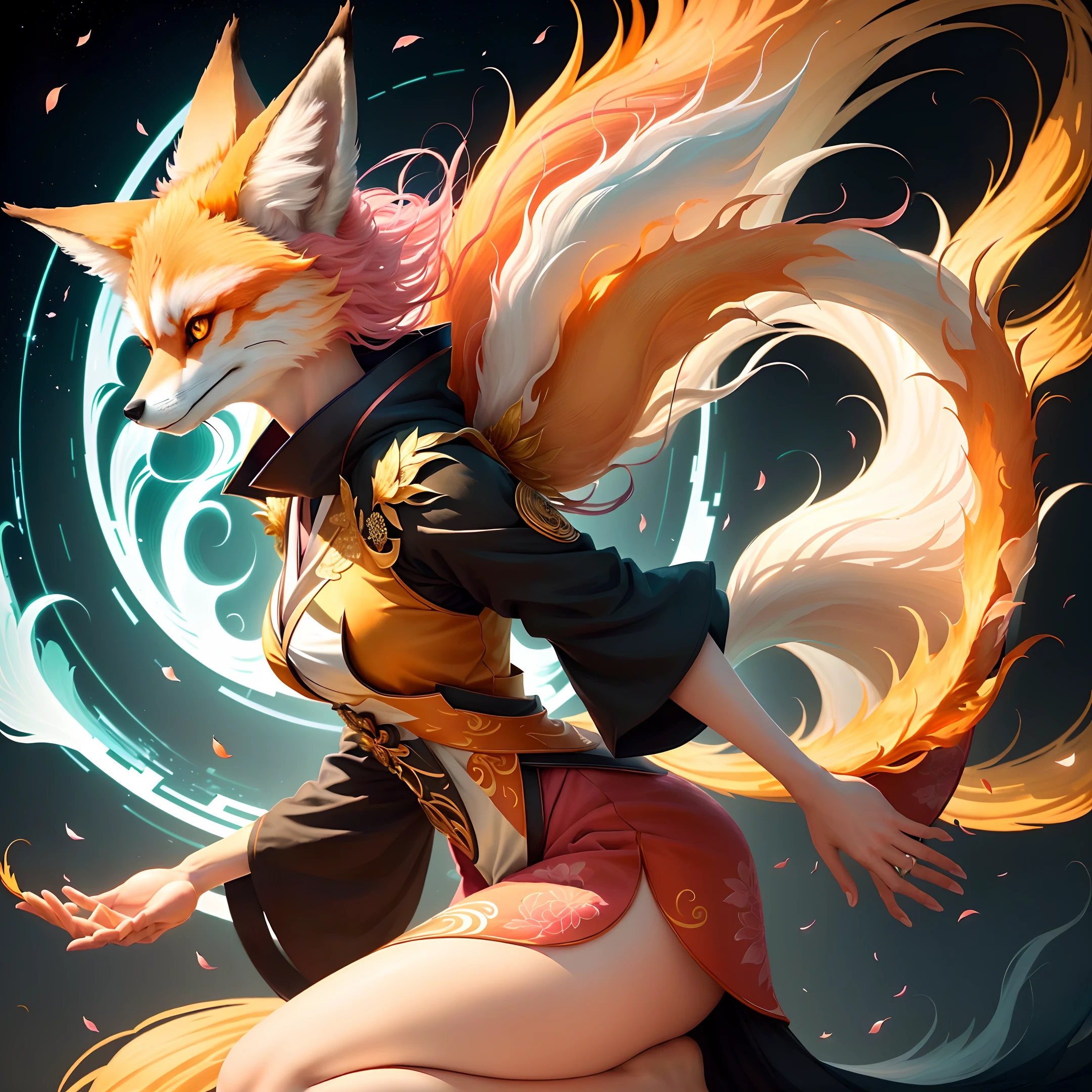 A beautifully detailed CG Unity 8k wallpaper, the highest quality masterpiece “The Nine-Tailed Fox”. The main character is a gorgeous and ethereal “nine-tailed fox” with dazzling green eyes, adorned with a beautiful and intricate white tie, dressed in a sweet pink kimono, and exquisitely dressed in a sweet pink kimono. The dynamic posture and angle perfectly harmoniously capture the beauty and grace of a fox. The background depicts a peaceful and mysterious forest, full of fog and magical atmosphere, with petals, wind, and leaves swirling around. The lighting has been carefully designed to enhance the fox's character, and the volumetric light projects a heavenly glow.