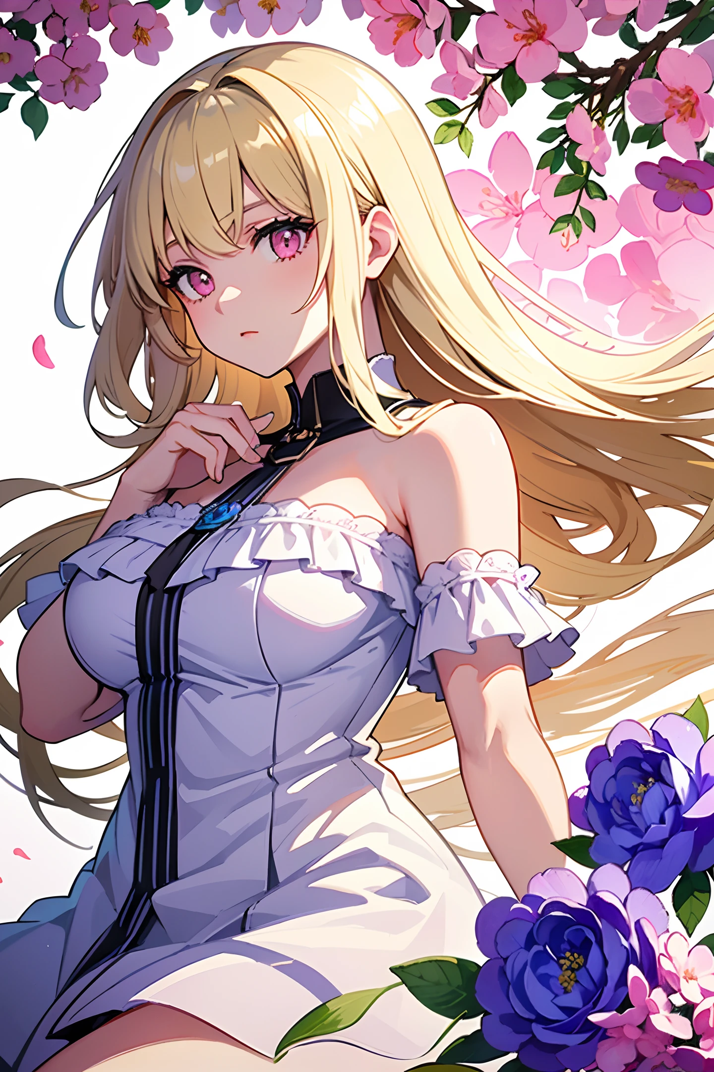 (masterpiece: 1.2, top quality), (fine eyes: 1.2), (1girl)), (solo)), (pink eyes), (fine eyes and detailed faces: 1.3), (beautiful background: 1.2), (ultra-fine CG, super detailed, best shadows: 1.1), (depth of field), (depth of field), ((watercolor)), (demon: 1.5), (blond), big boobs, bare shoulders, flowers and petals, beautiful concept illustration, (white background (0.5), white background (0.5) Illustration: 1.1), (very detailed and beautiful: 1.1), (perfect detail: 1.1), cowboy shot from the side, t-shirt, shorts
